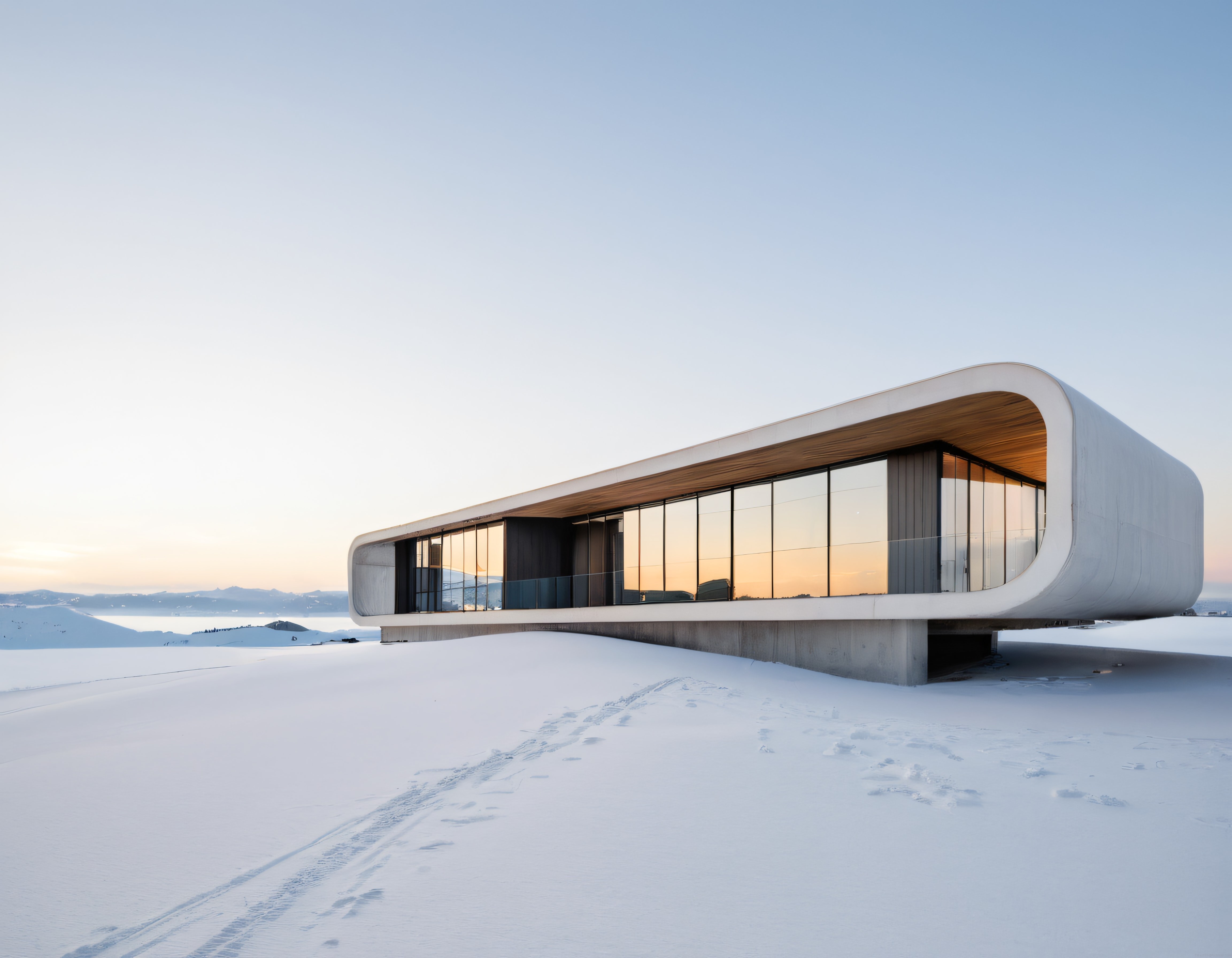 Karlı Arazide Gün Batımı Işıklarıyla Süslenmiş Çağdaş ve Minimalist Dağ Evi