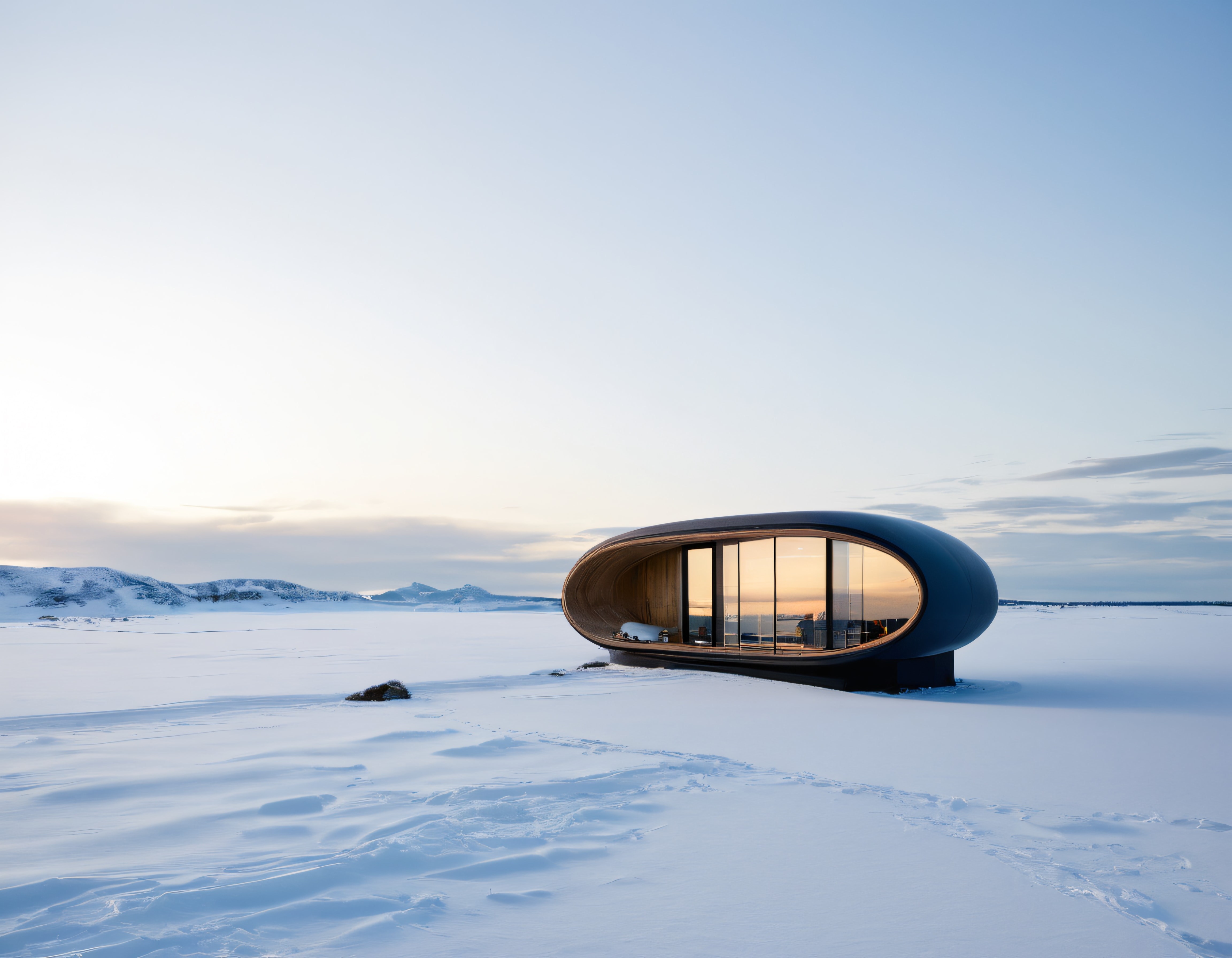 Karlı Arazide Gün Batımında Oval Camlı Minimalist ve Modern Mimari Yapı
