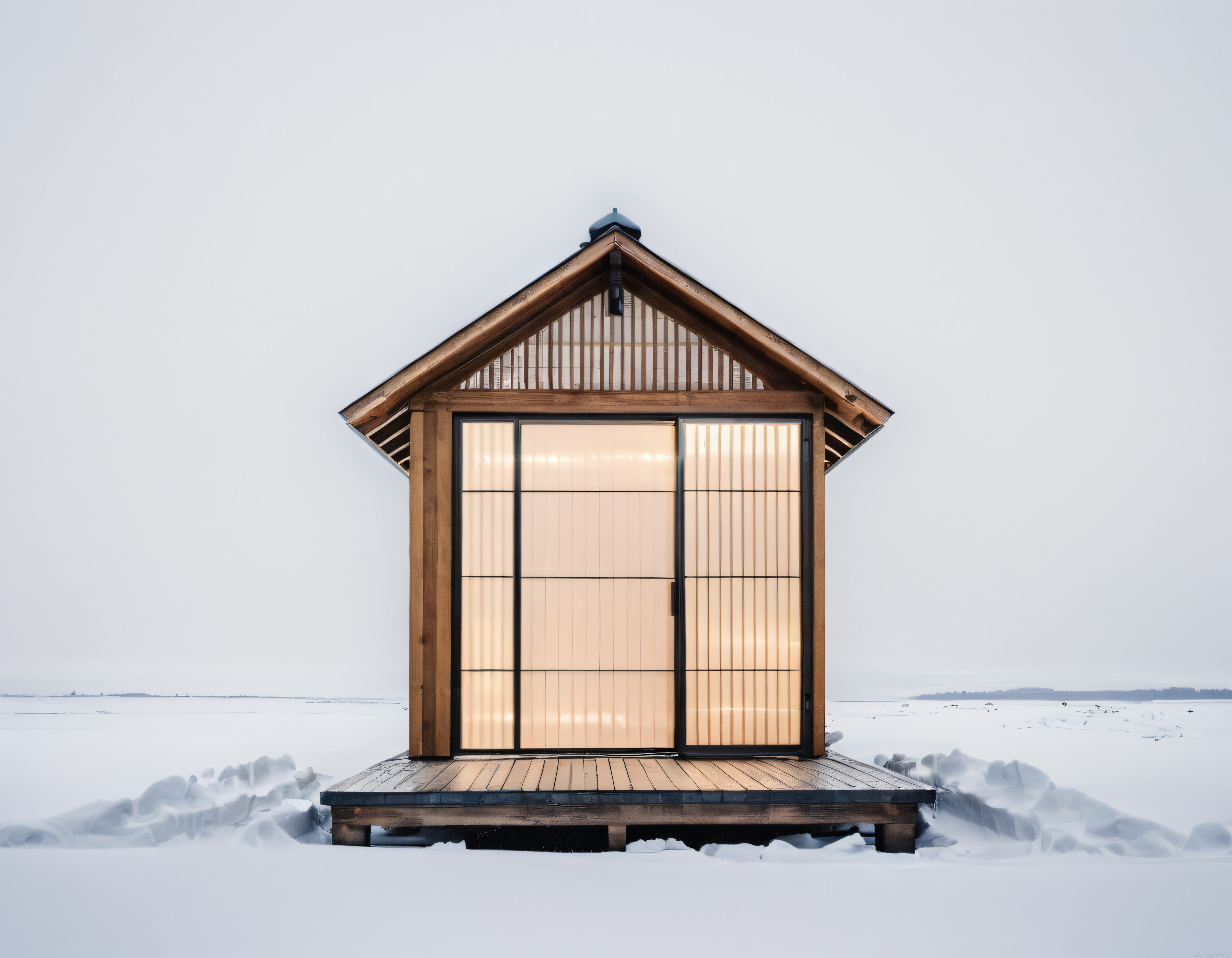 Karlı Arazide Isınan Işıklarıyla Minimalist Japon Tarzı Ahşap Kulübe