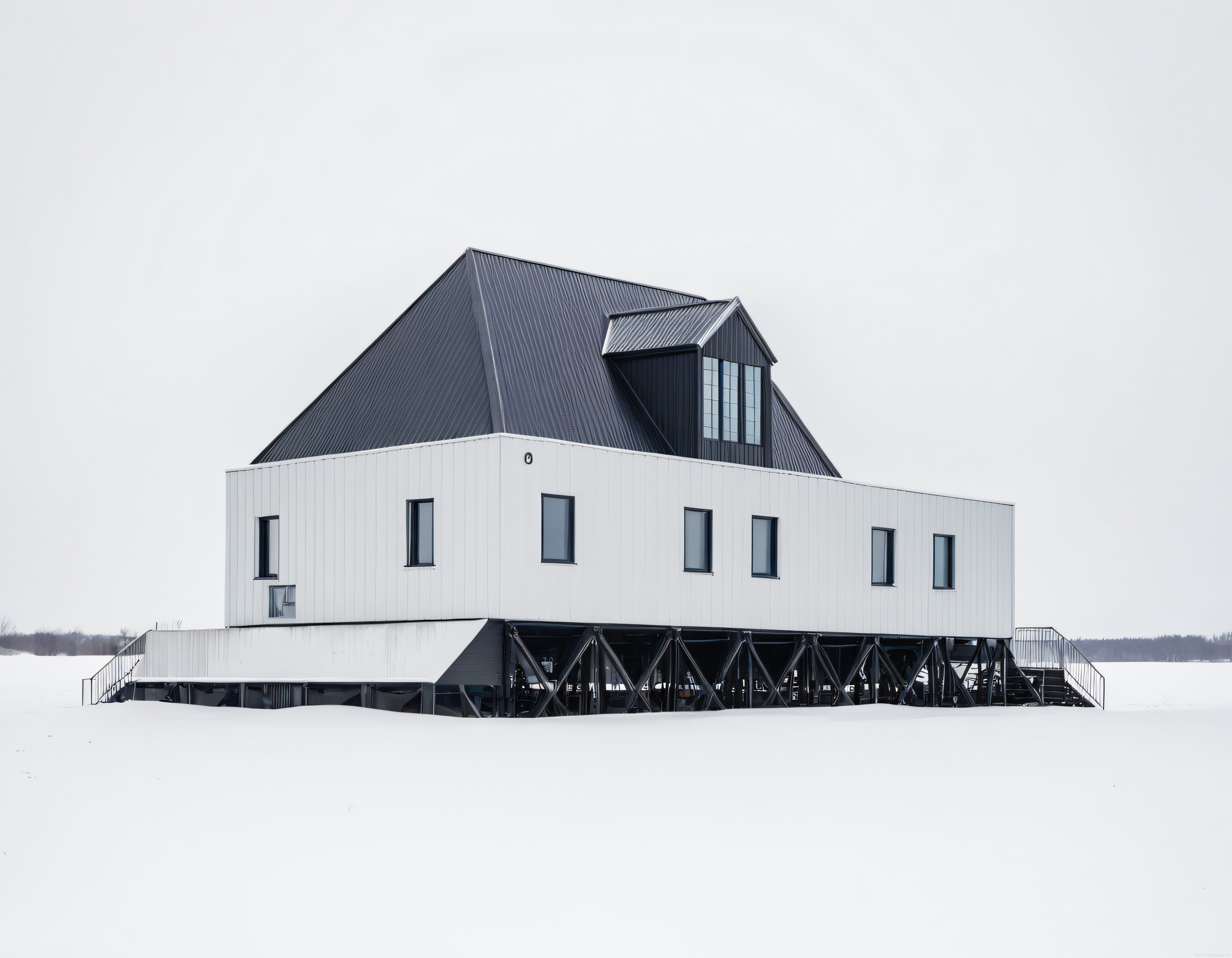 Karlı Arazide Kazıklar Üzerinde Yükselen Modern Minimalist Ahşap Mimari