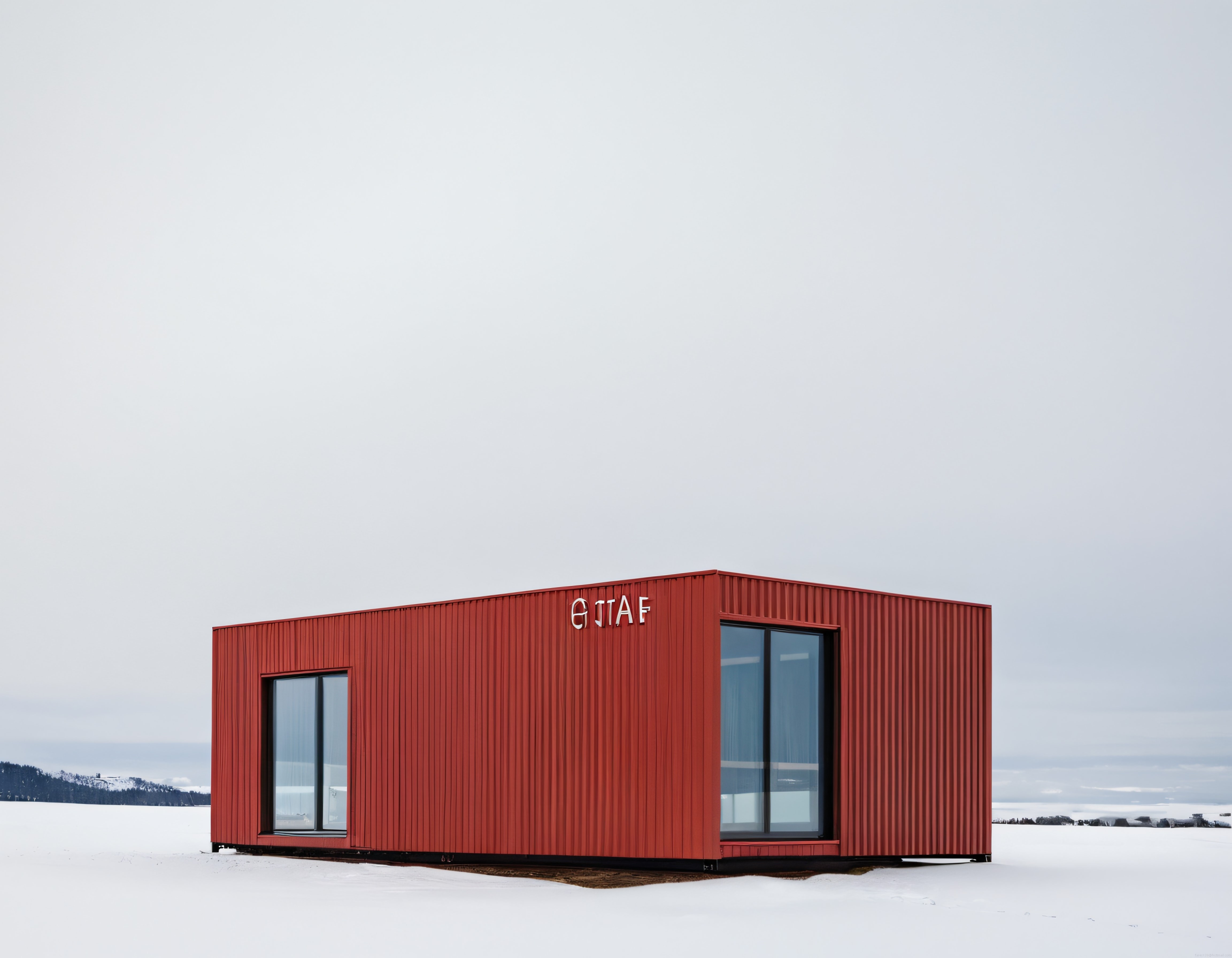 Karlı arazide kırmızı modern prefabrik konteyner ev ve minimalist mimarisi