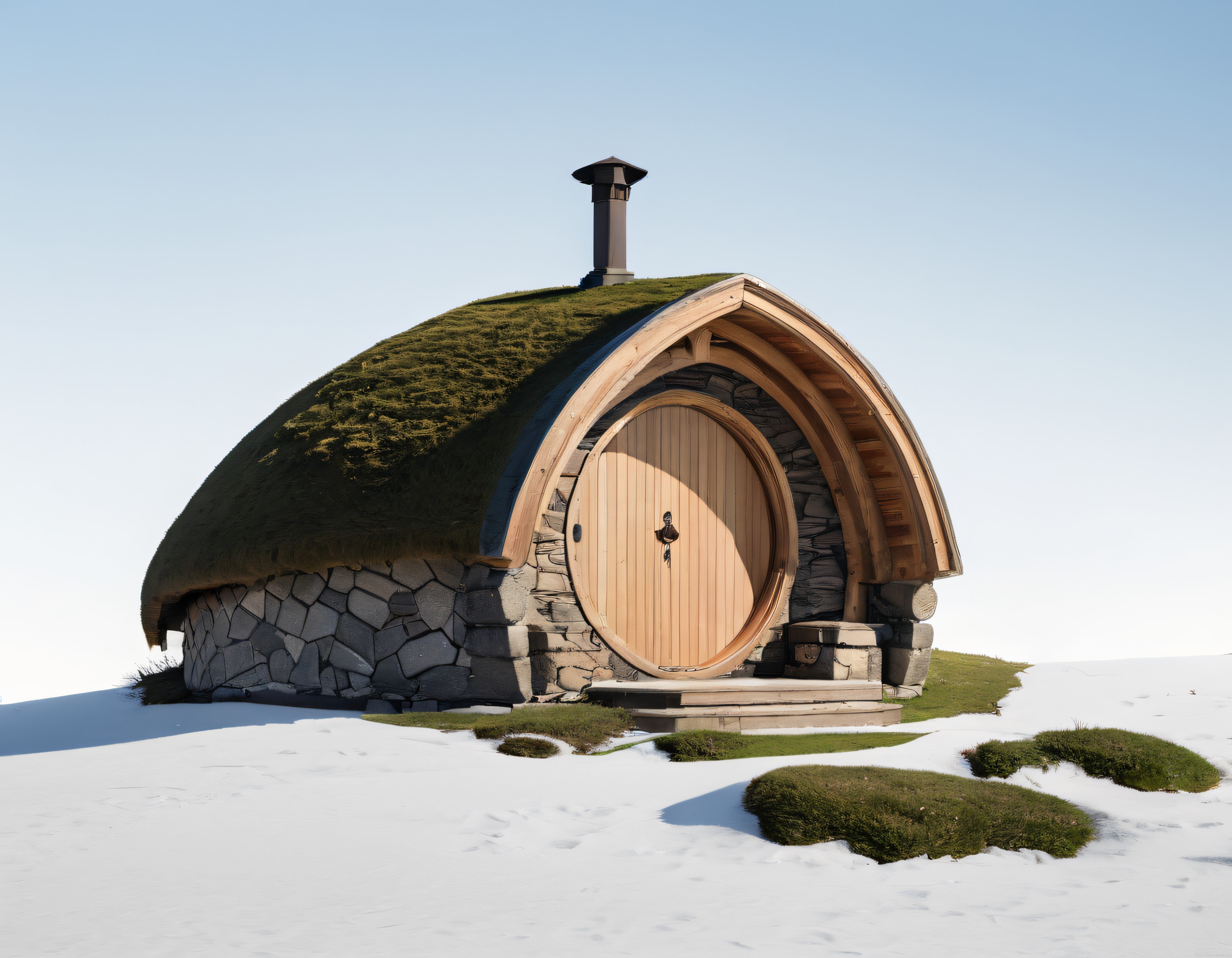 Karlı Arazide Masalsı Hobbit Evi ve Yuvarlak Ahşap Kapı Tasarımı