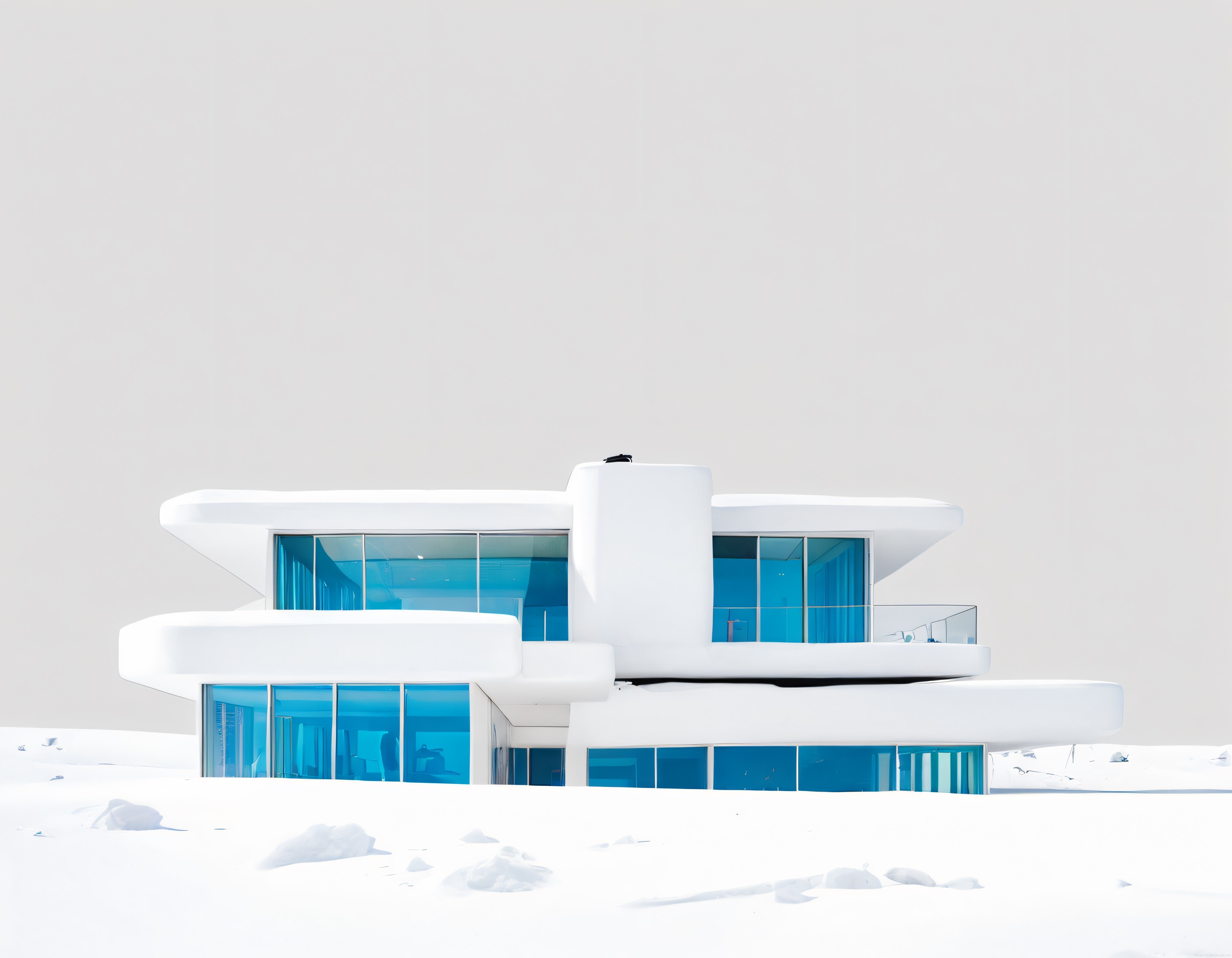 Karlı Arazide Mavi Camlı Beyaz Organik Formlu Fütüristik Modern Villa Tasarımı