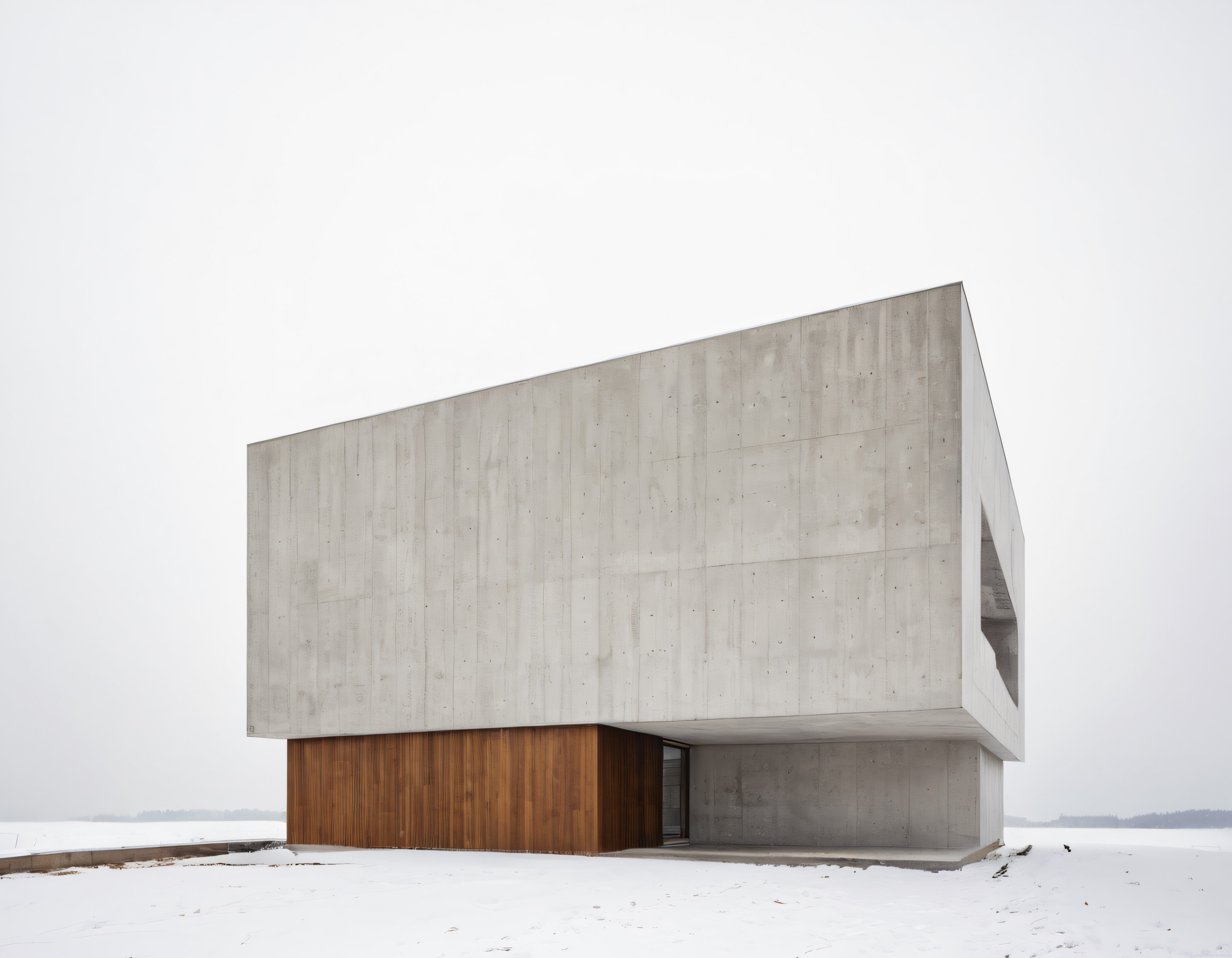 Karlı arazide minimal çizgilerle tasarlanmış modern beton mimari yapı