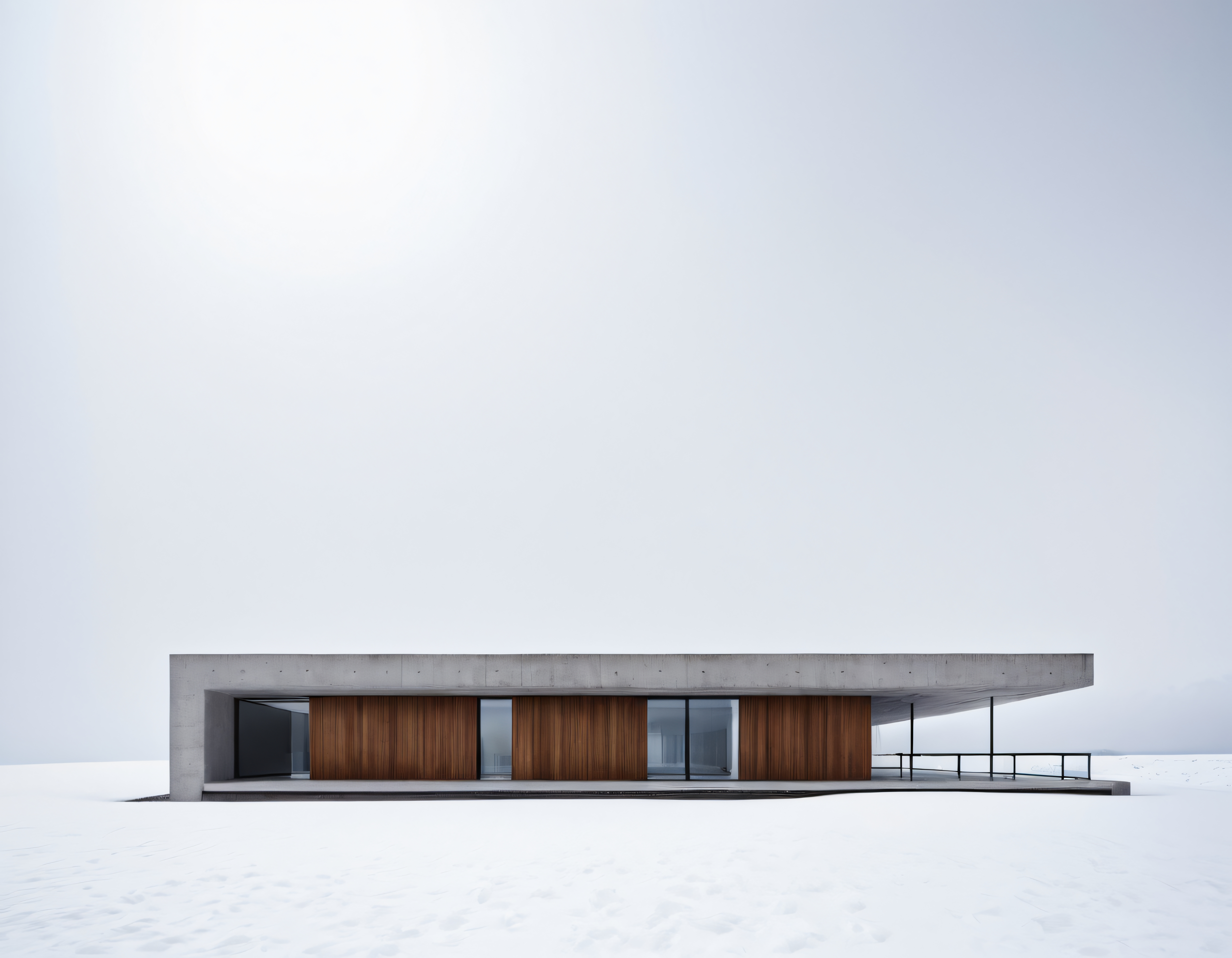 Karlı Arazide Minimalist Beton ve Ahşap Detaylı Modern Mimari Yapı