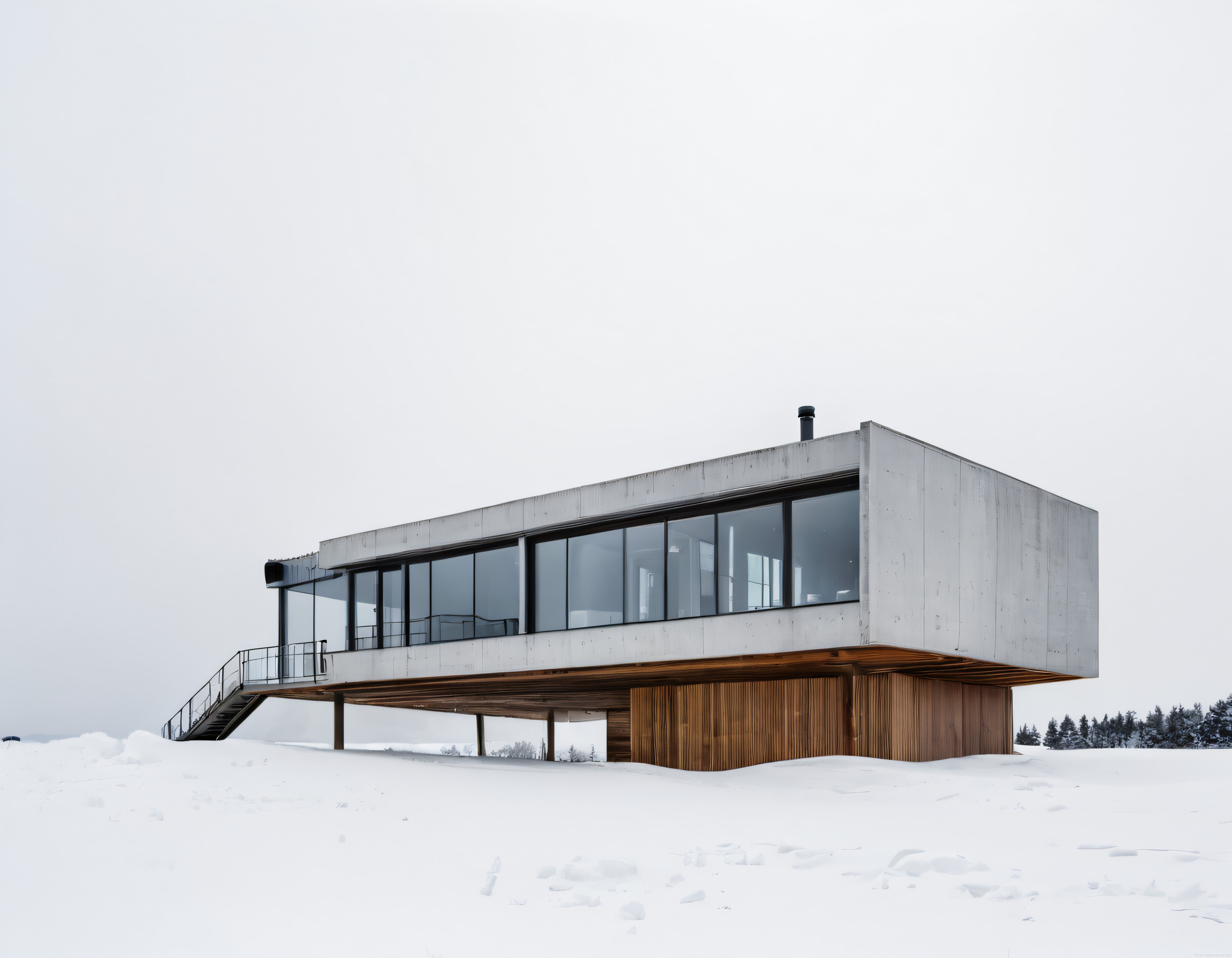 Karlı Arazide Minimalist Beton ve Camdan Oluşan Modern Dağ Evi