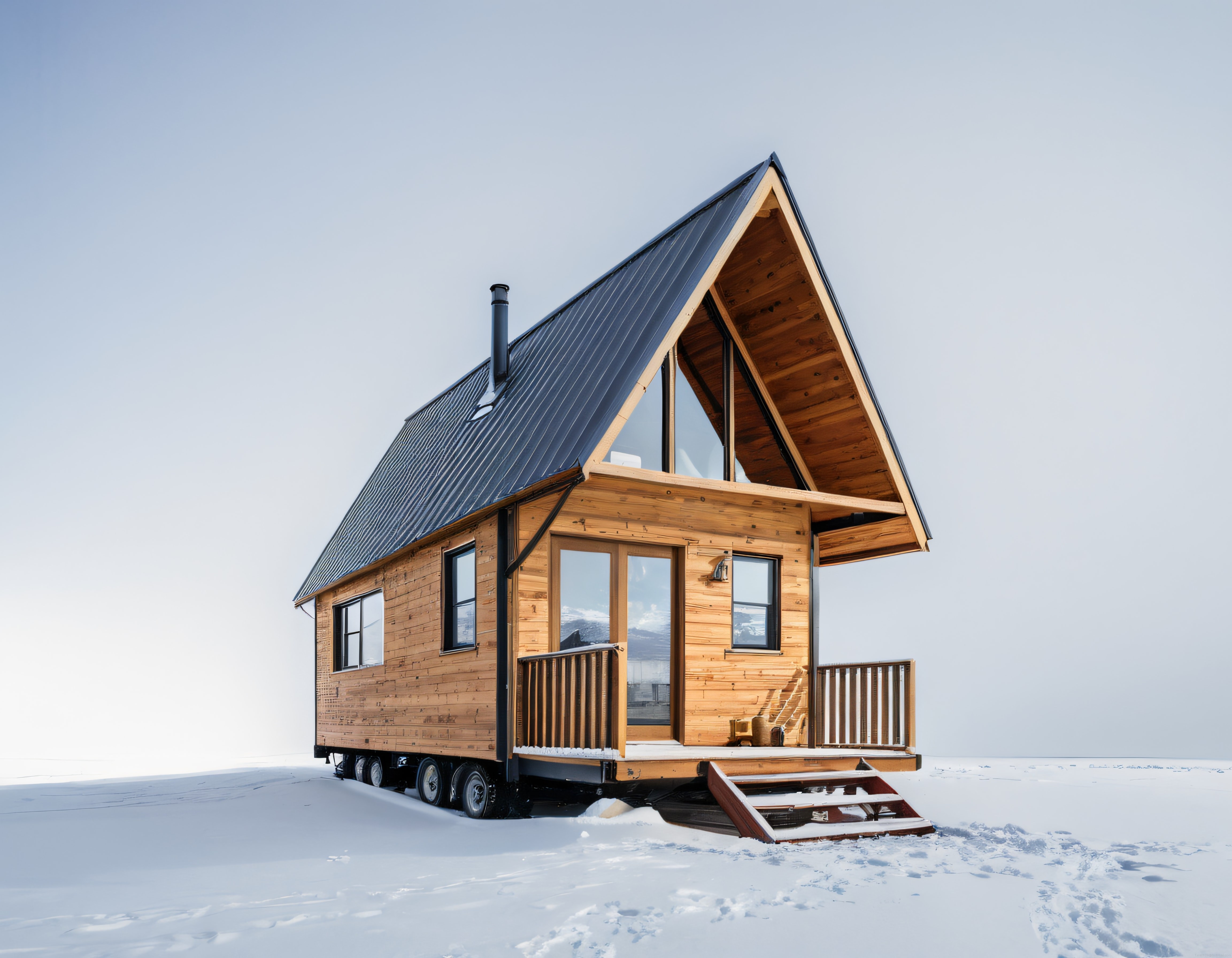Karlı Arazide Modern A-Frame Ahşap Tiny House ve Huzurlu Kış Manzarası