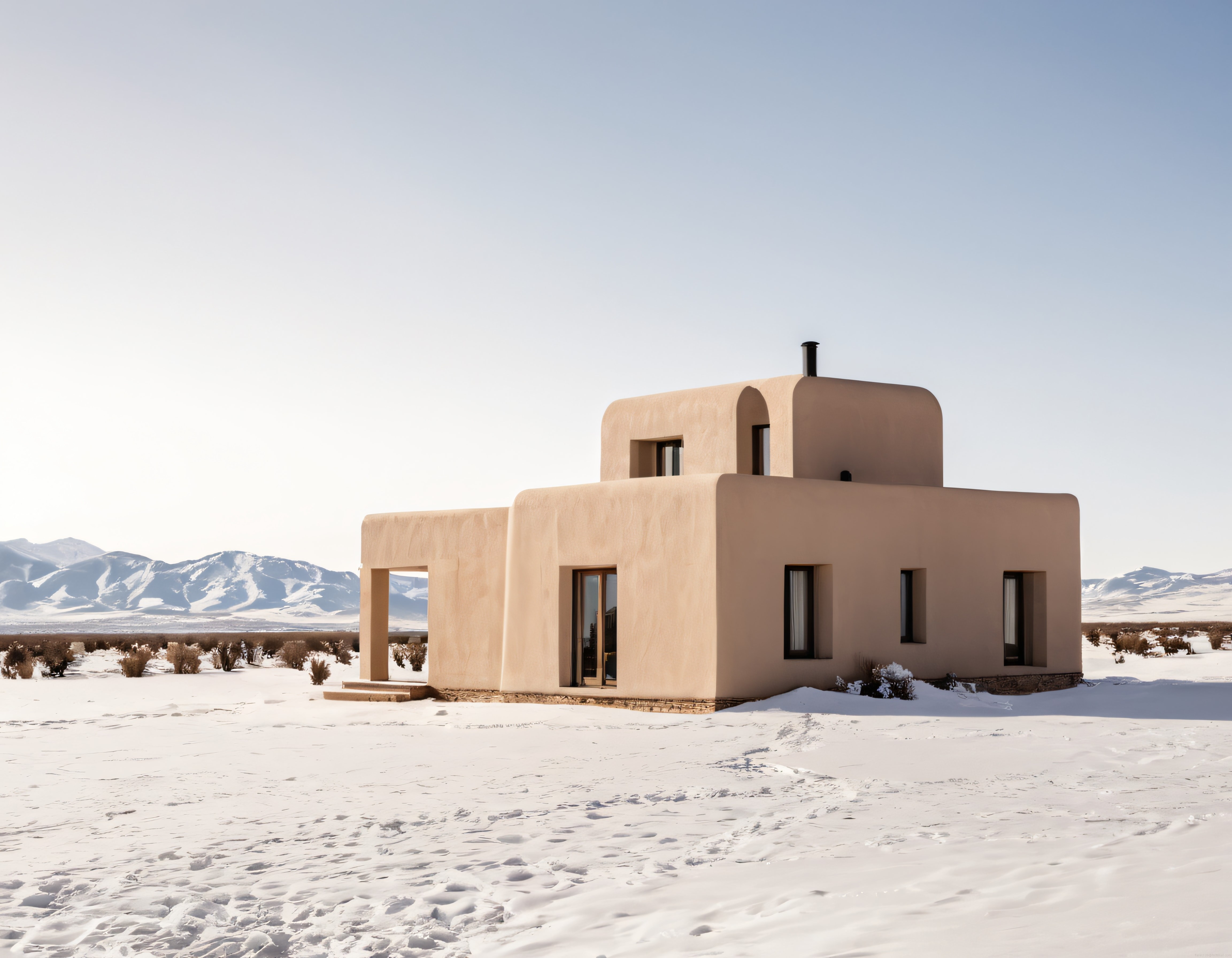 Karlı Arazide Modern Adobe Stili Izole Villa ve Dağ Manzarası