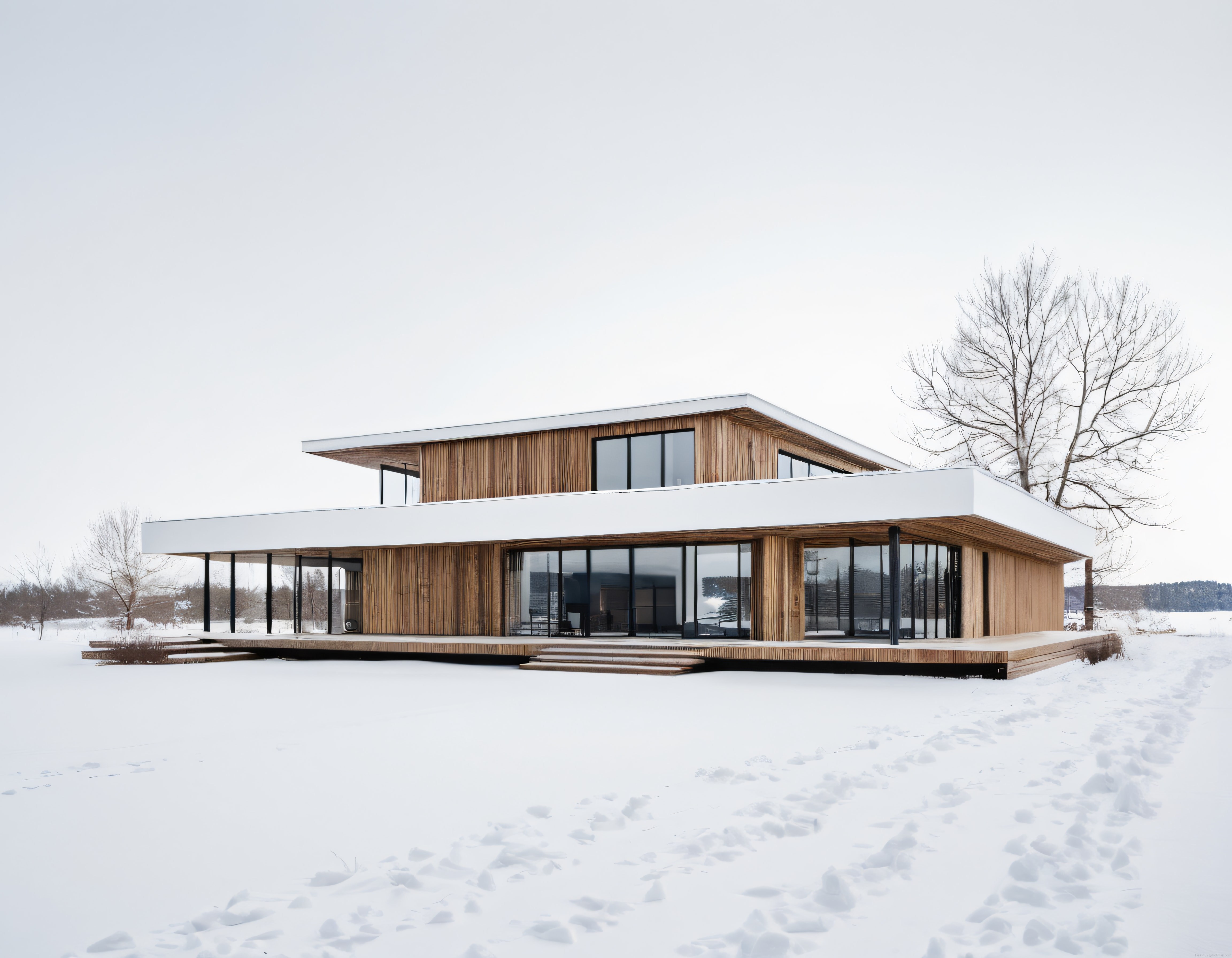 Karlı arazide modern ahşap cepheli minimalist ev ve çarpıcı çatı detayları