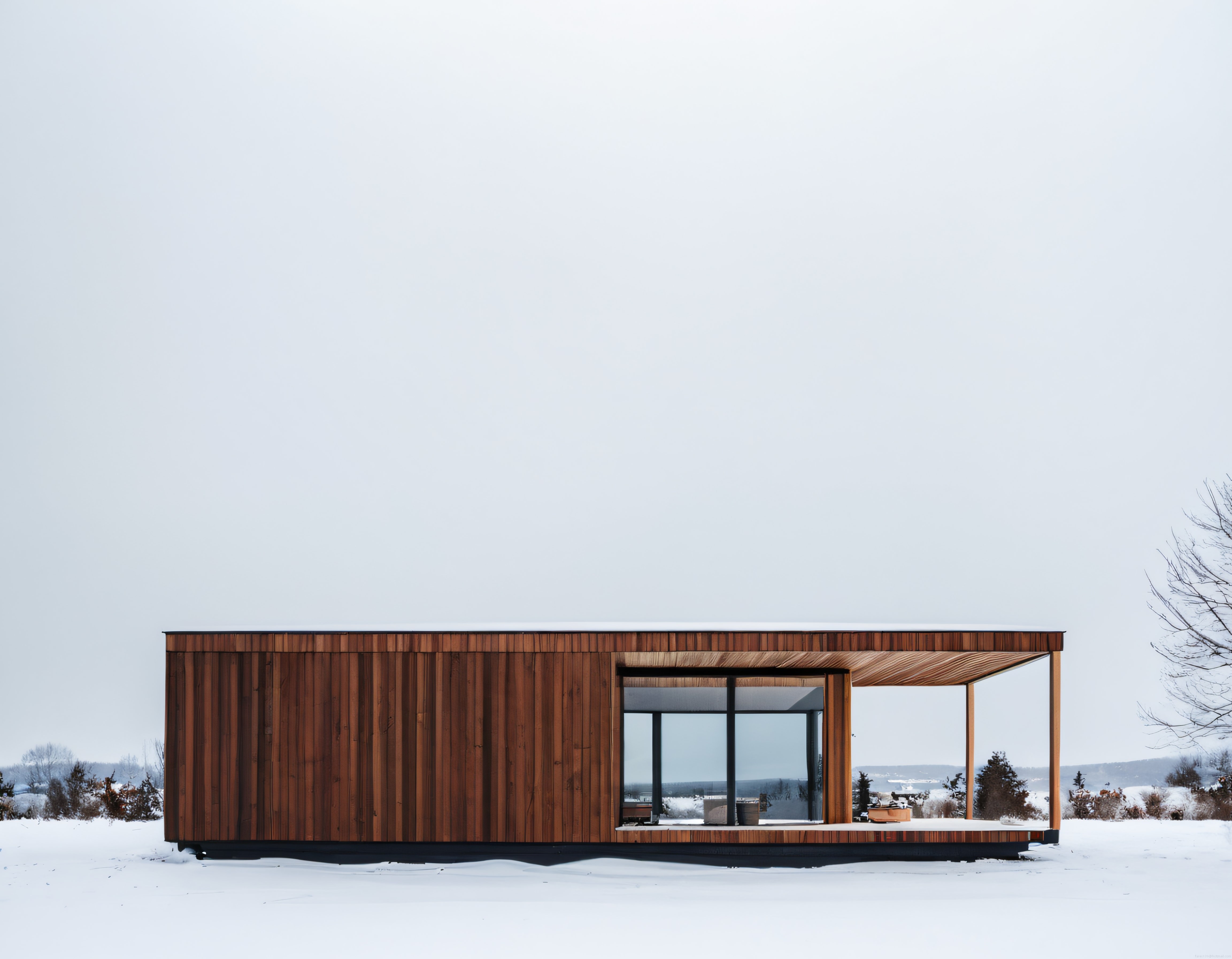 Karlı arazide modern ahşap kaplama minimalist ev ve geniş cam cephe