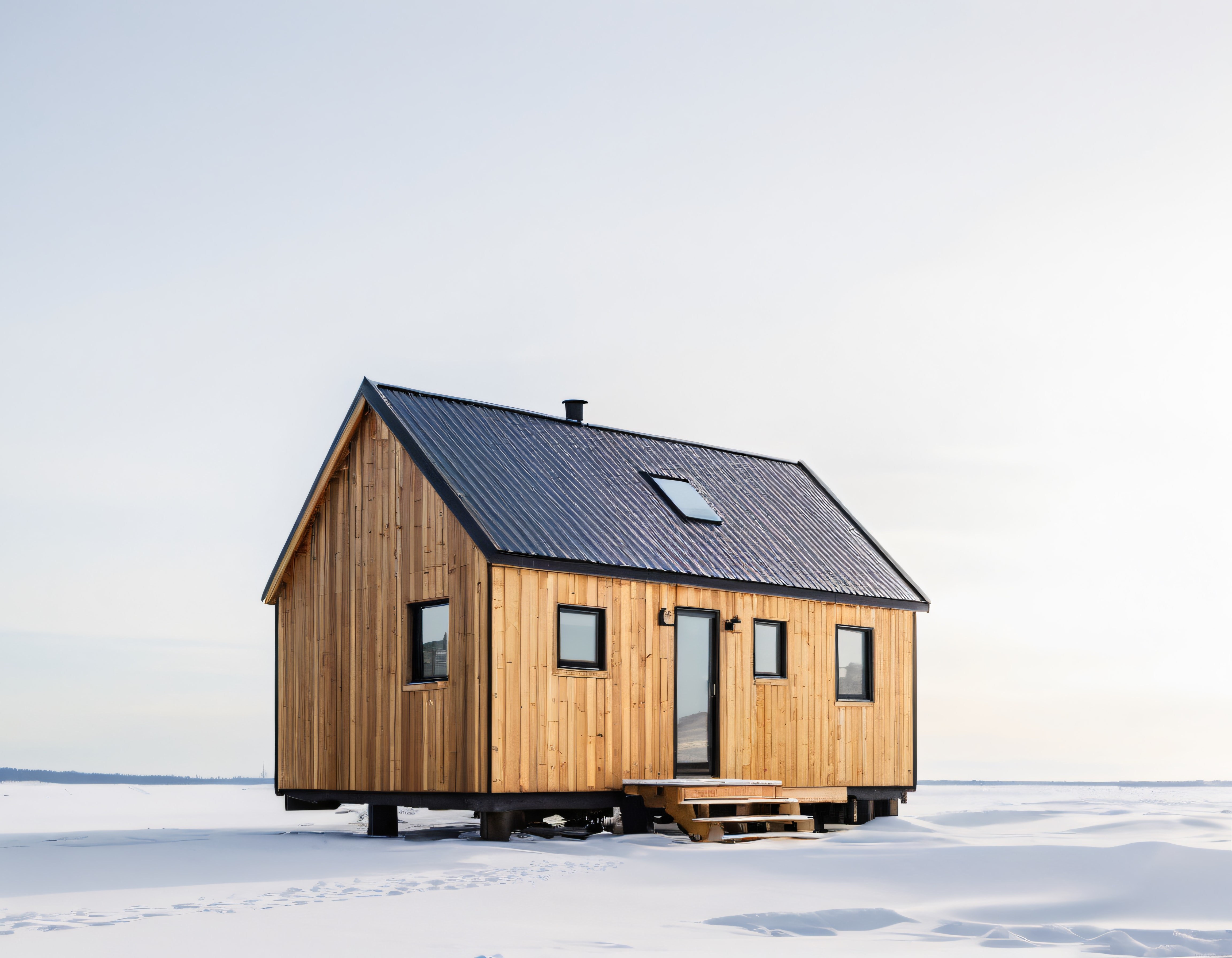 Karlı Arazide Modern Ahşap Tiny House ve Minimalist Yaşam Tasarımı