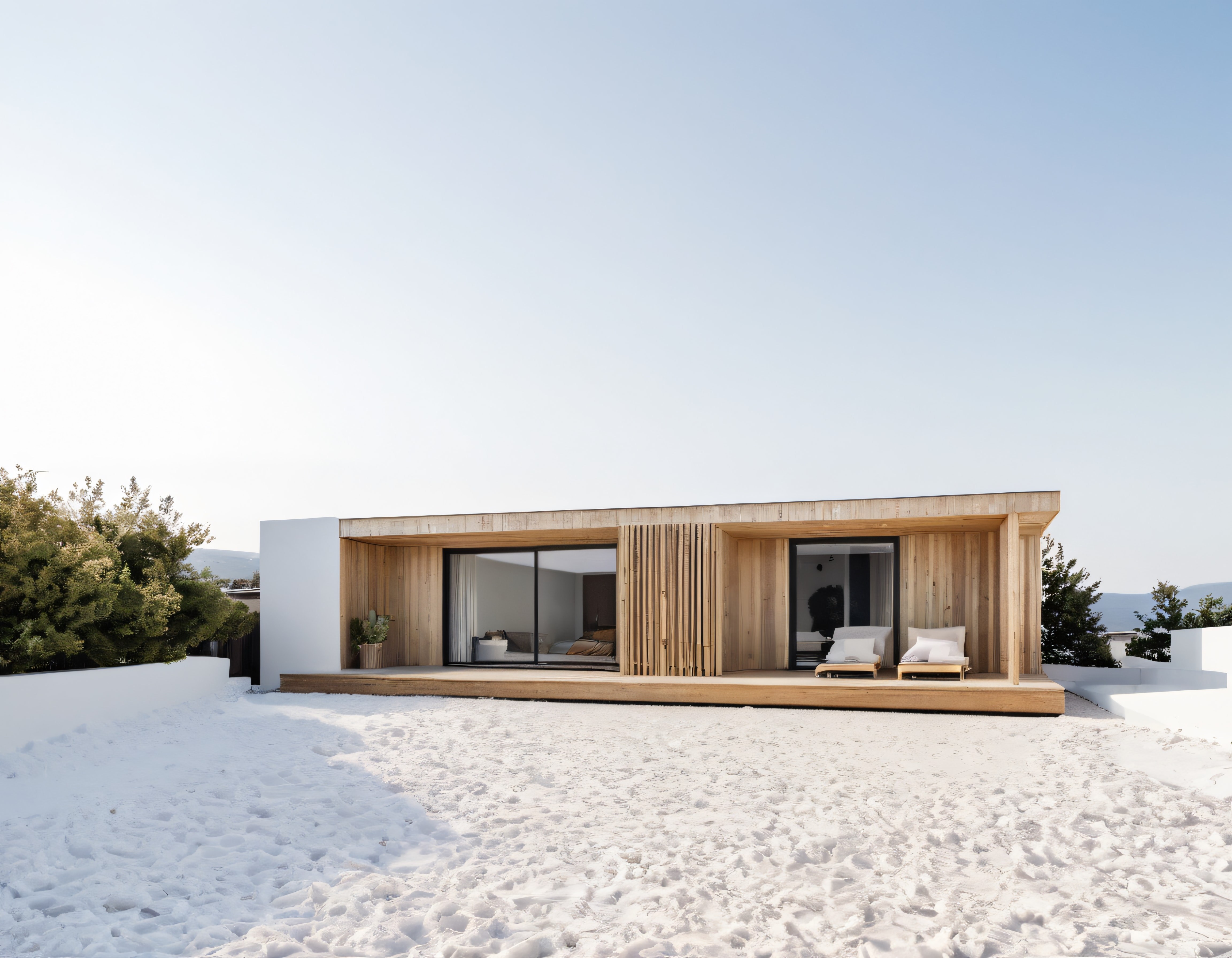 Karlı Arazide Modern Ahşap ve Cam Detaylı Minimalist Villa