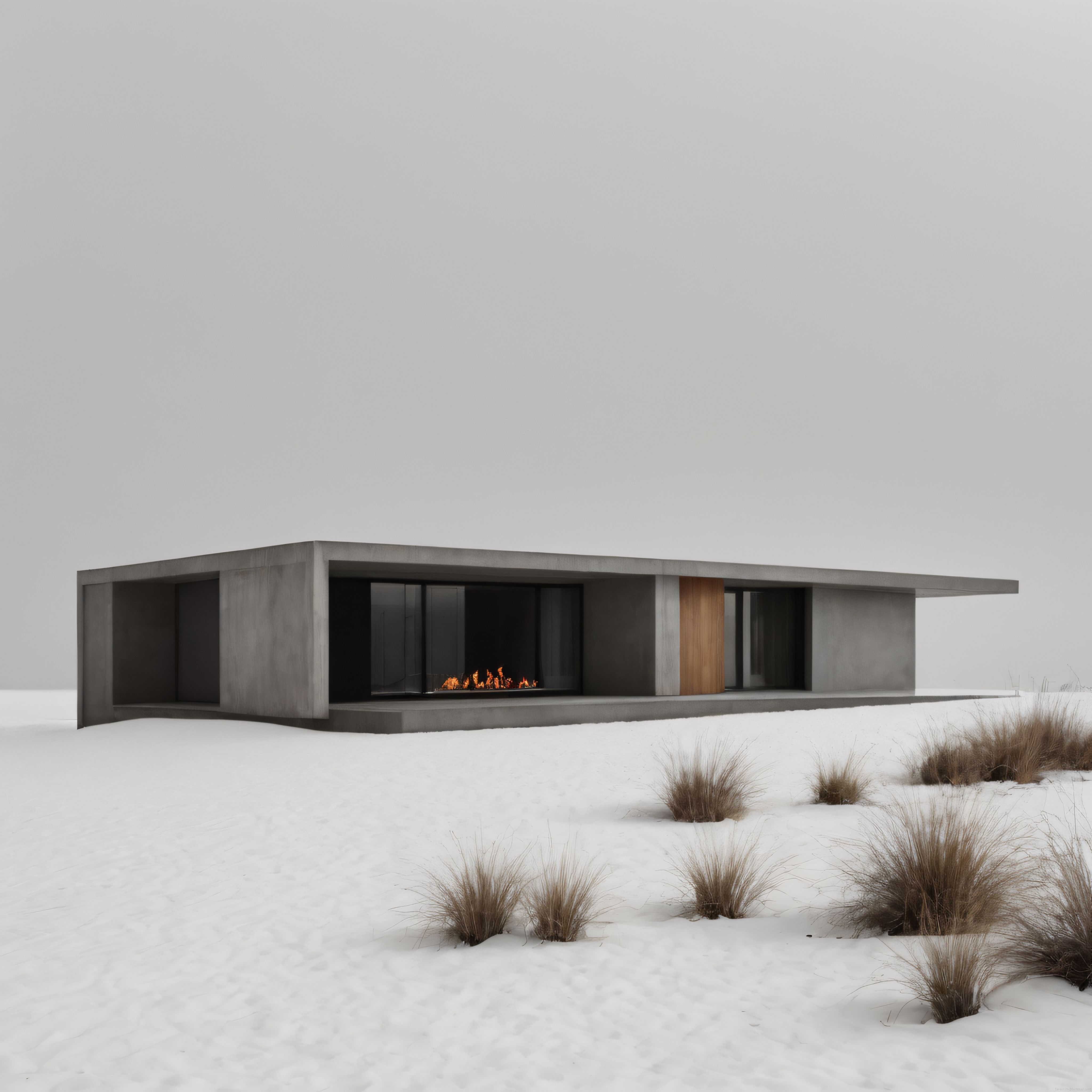 Karlı Arazide Modern Beton Ev: Minimalist Mimarinin Sessiz Şömine Atmosferi