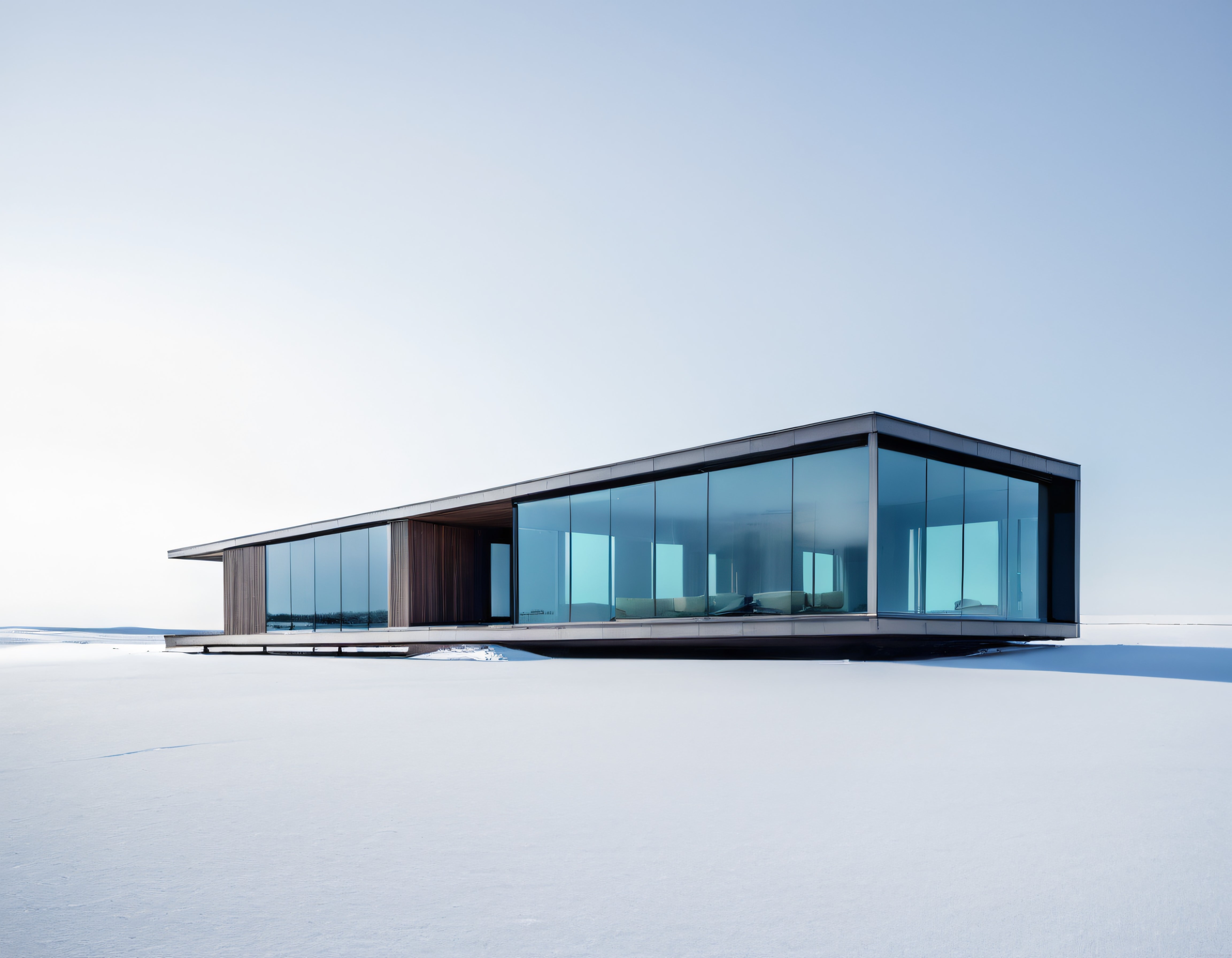 Karlı arazide modern cam cepheli minimalist mimari villa tasarımı