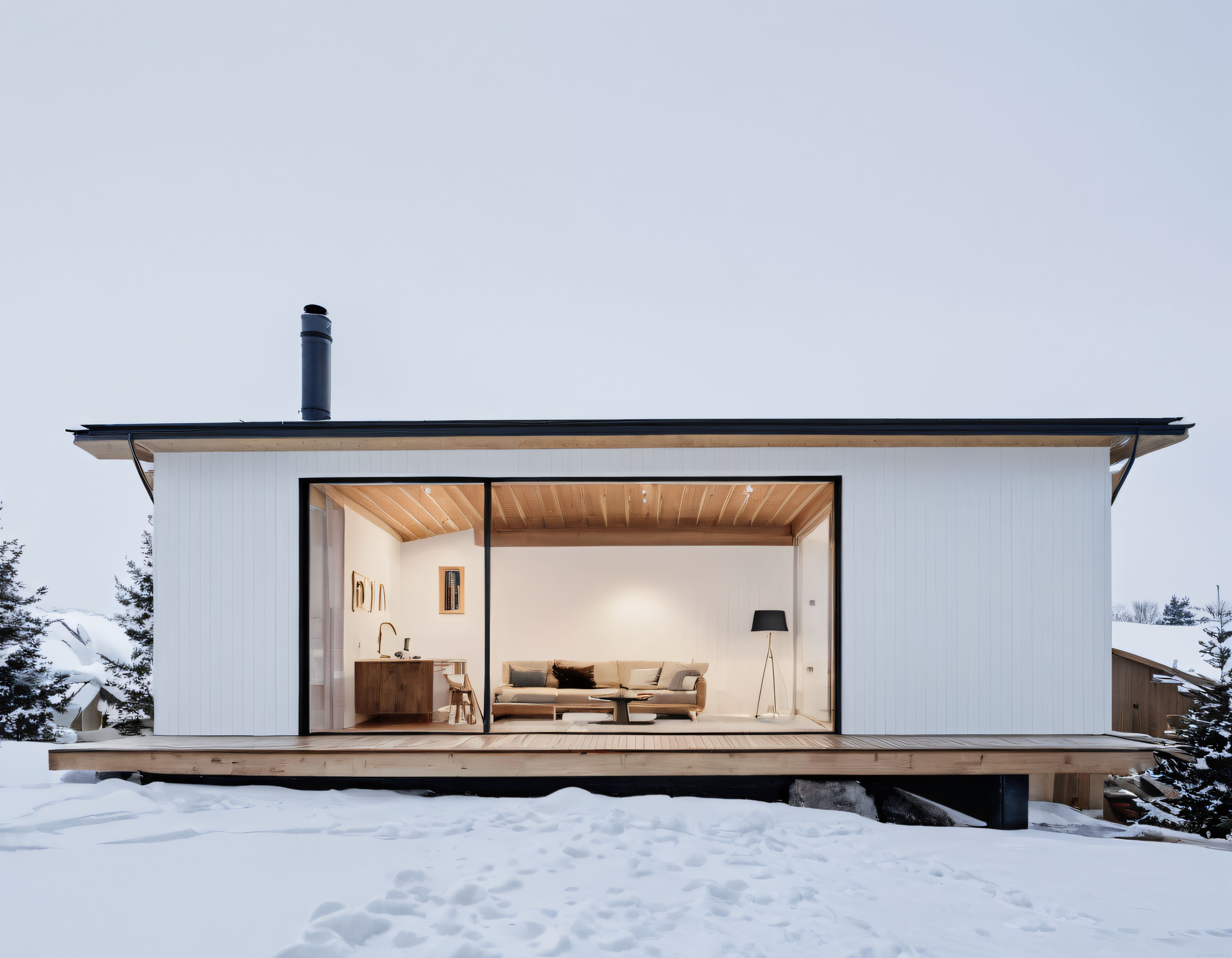 Karlı arazide modern mimarili cam cepheli minimalist kış evi manzarası