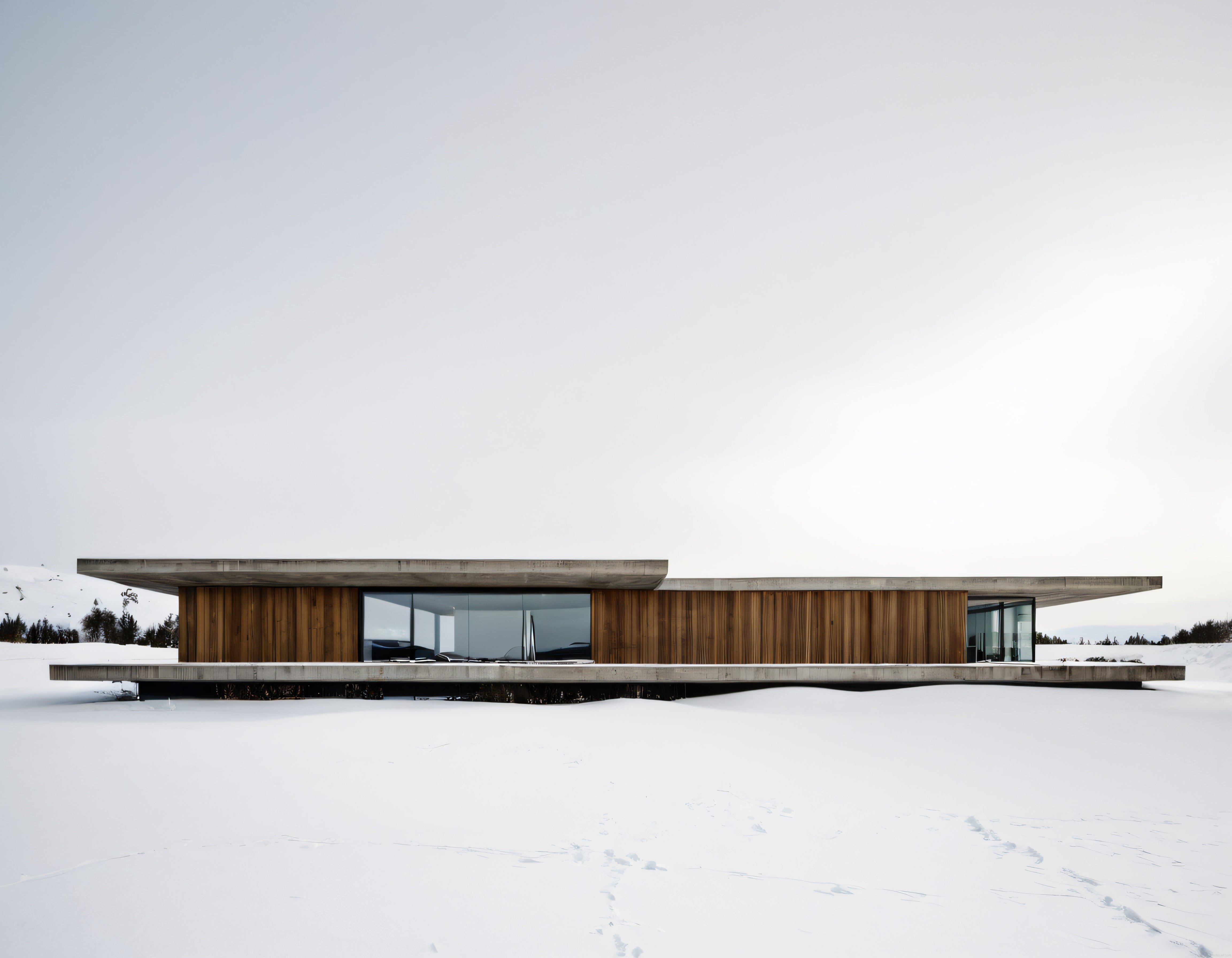 Karlı Arazide Modern Minimalist Ahşap ve Beton Villa Tasarımı