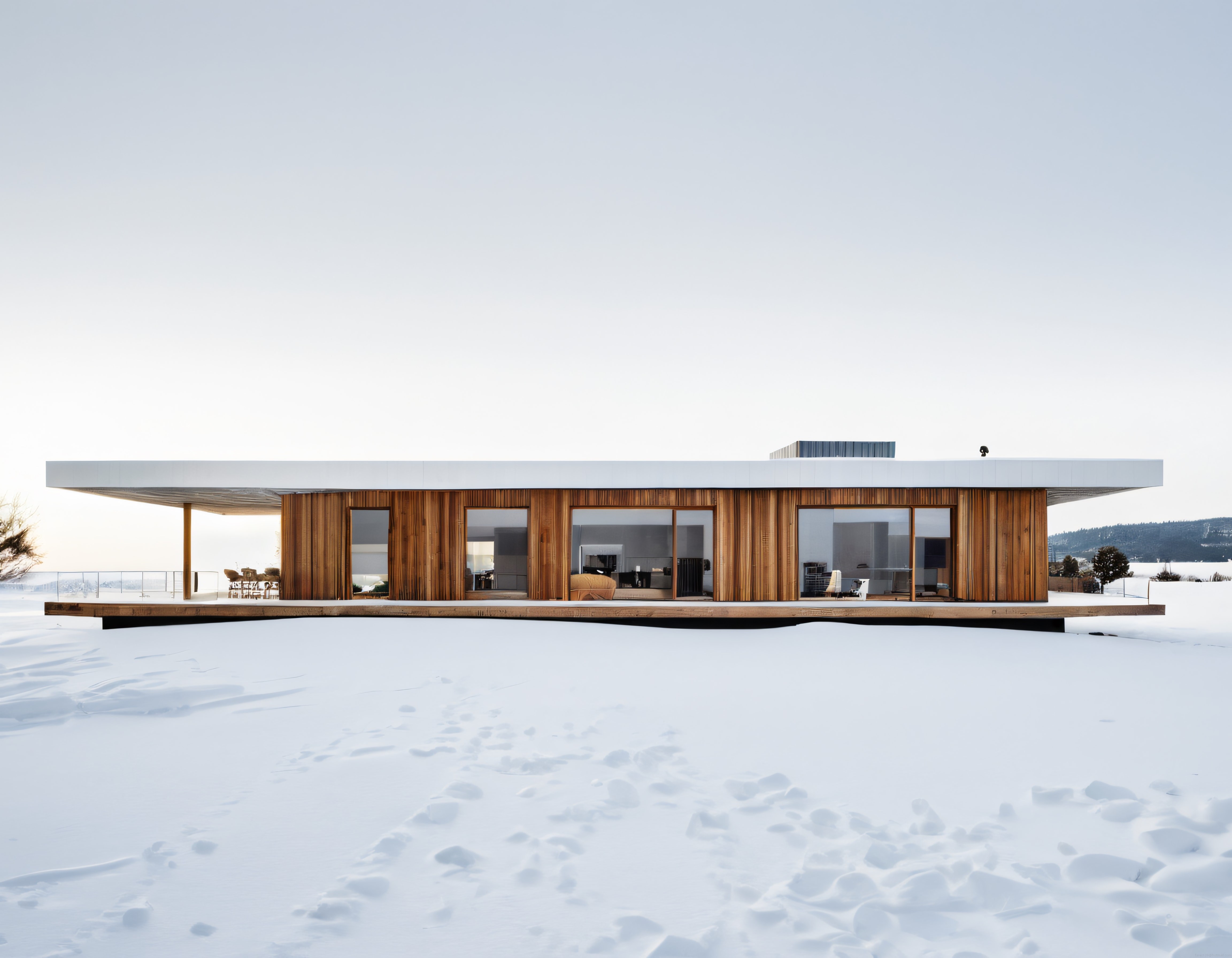 Karlı Arazide Modern Minimalist Ahşap Villa ve Panoramik Cam Cephe
