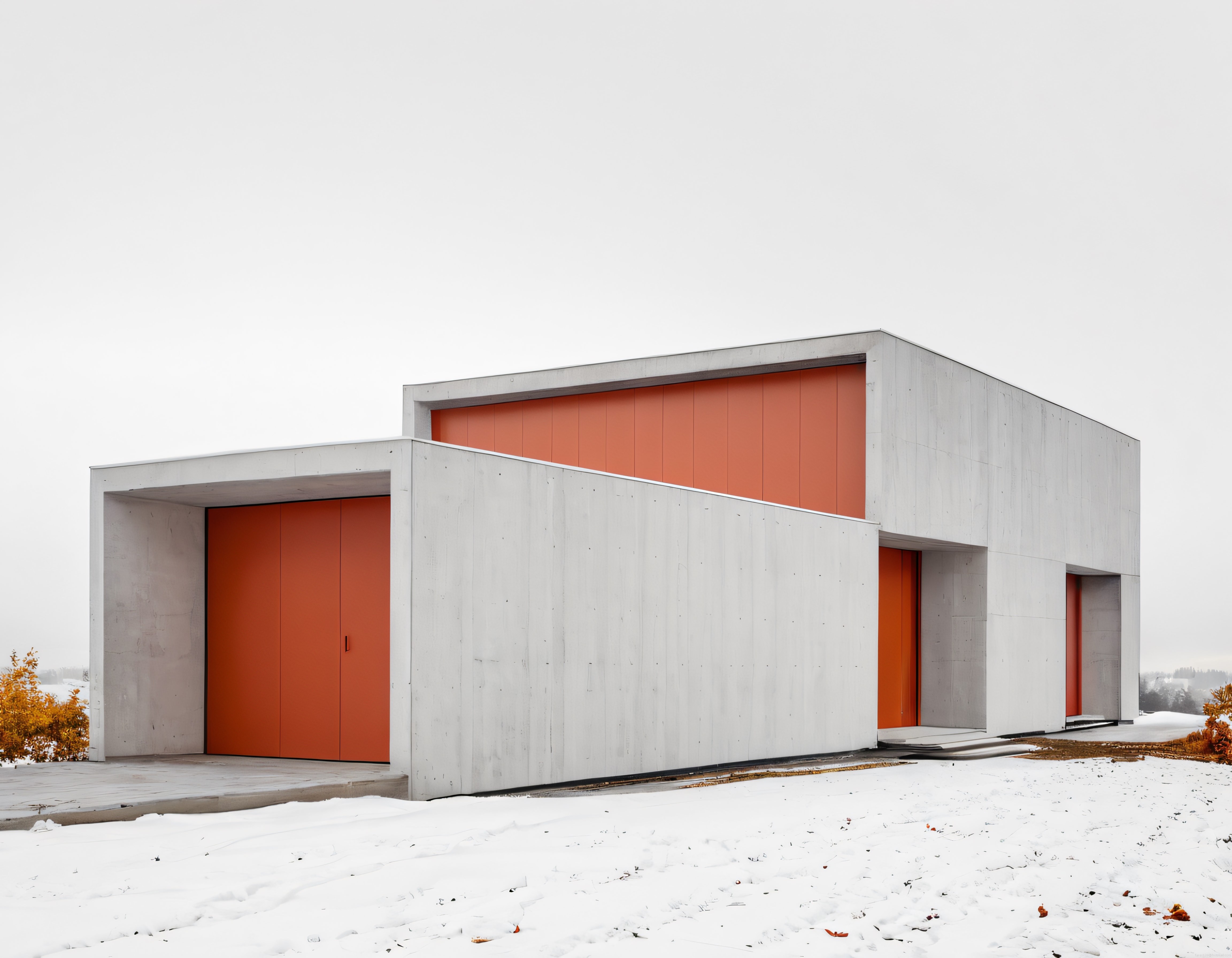 Karlı arazide modern minimalist beton villa ve canlı turuncu detaylar