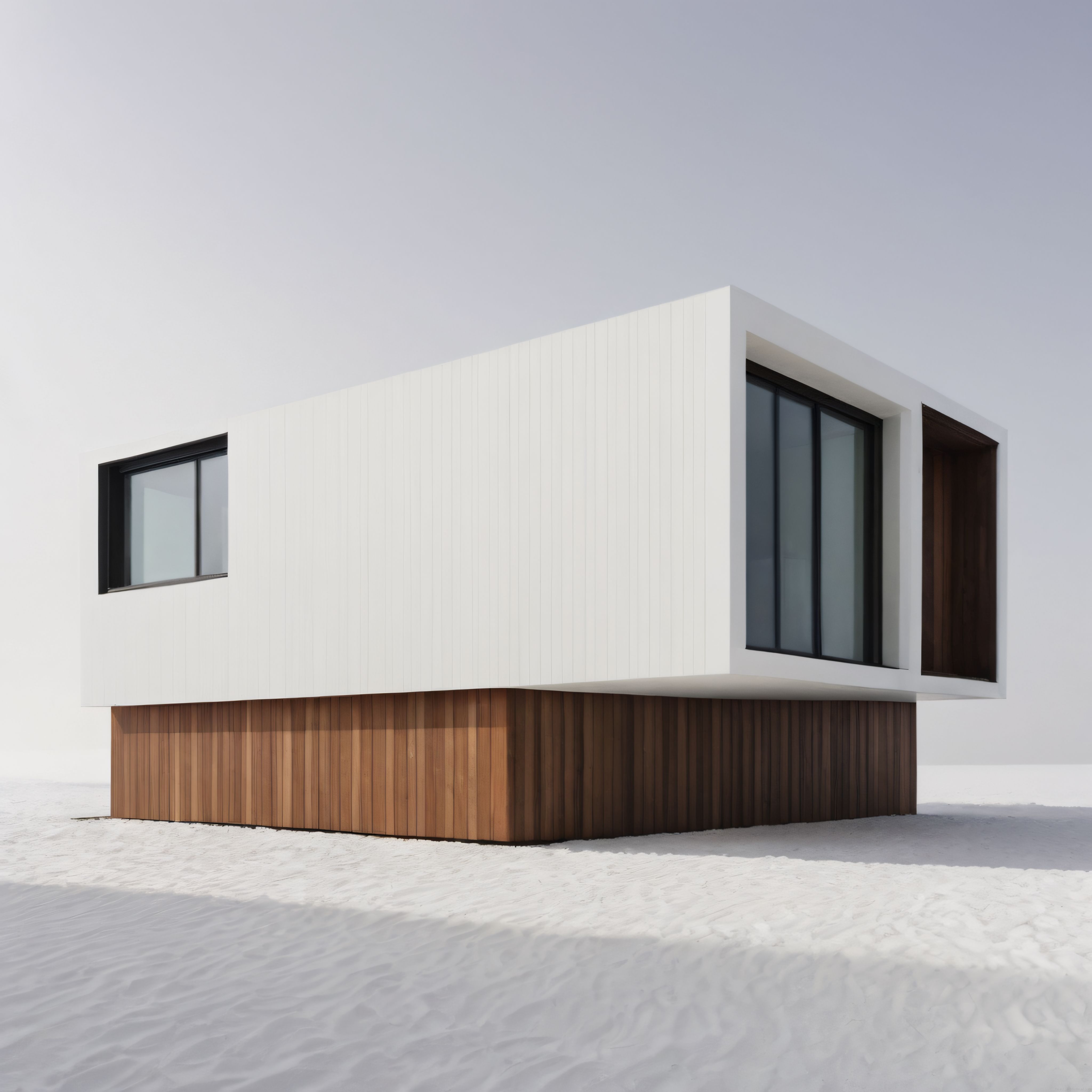 Karlı arazide modern minimalist mimari ve büyük cam pencereli ev tasarımı
