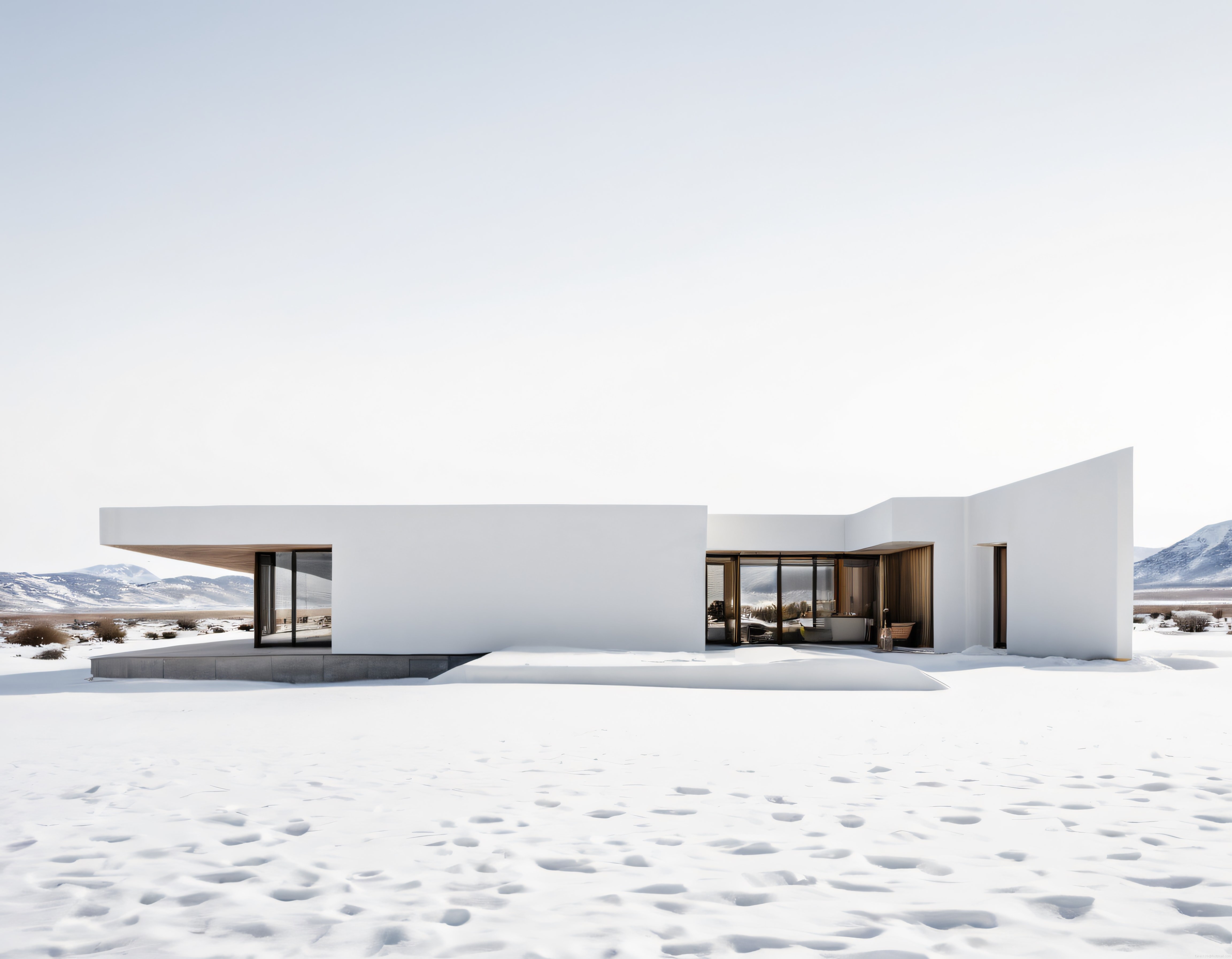 Karlı Arazide Modern Minimalist Mimari ve Geniş Cam Yüzeyli Lüks Konut