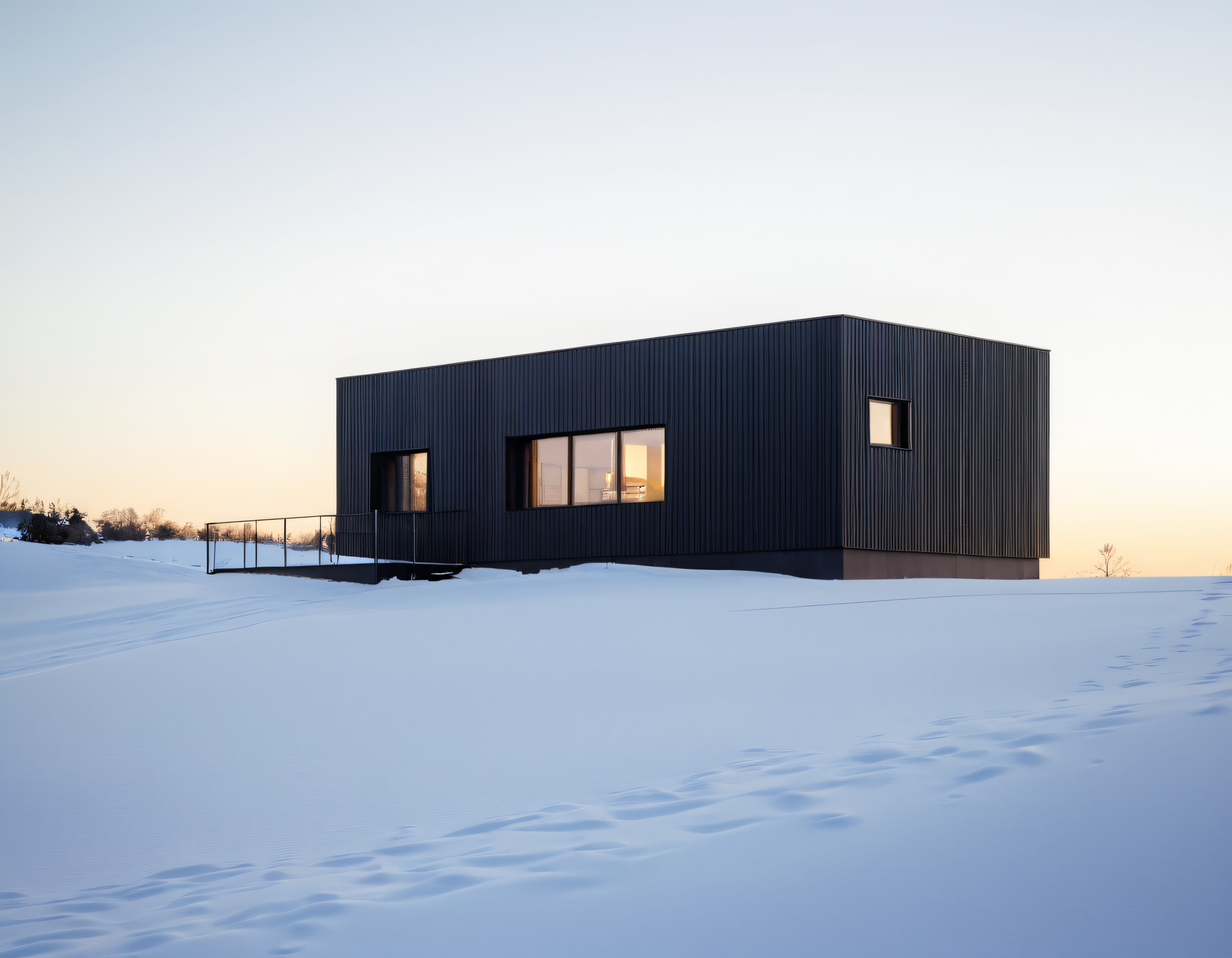 Karlı Arazide Modern Siyah Mimarili Minimalist Ev ve Gün Batımı Atmosferi