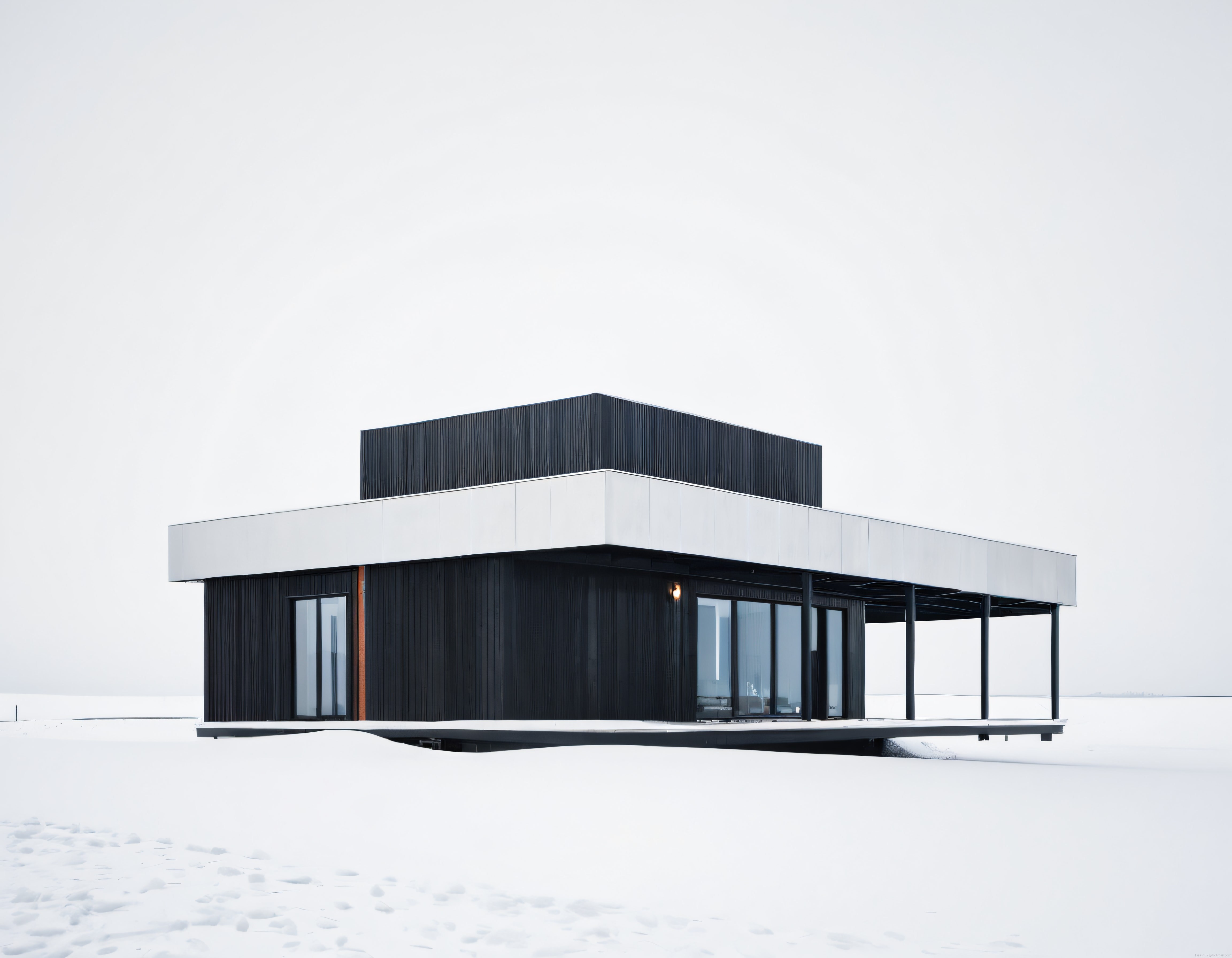 Karlı Arazide Modern ve Minimalist Mimari: Siyah Beyaz Kübik Villa Tasarımı
