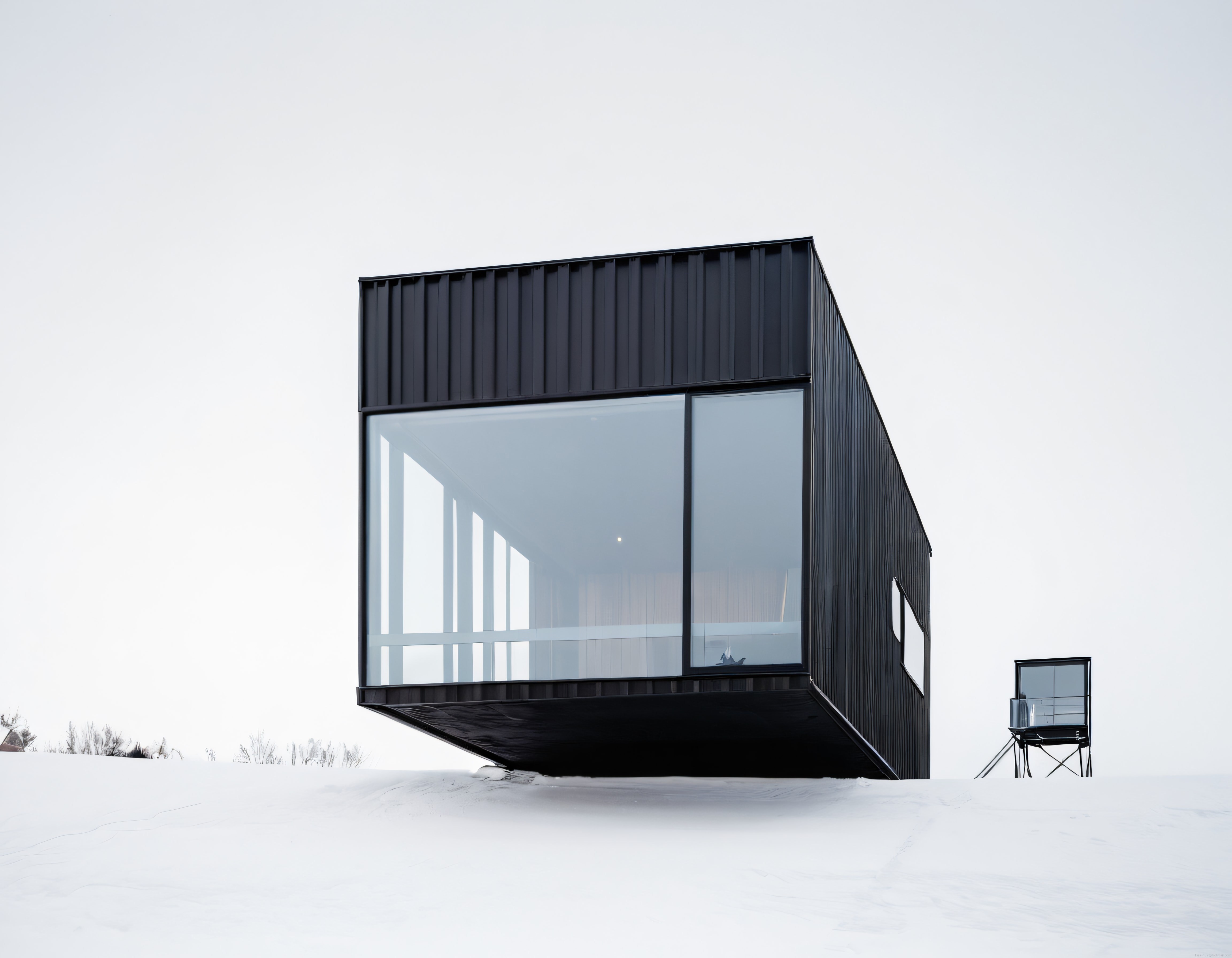 Karlı Arazide Modern ve Minimalist Siyah Konteyner Mimari Yapı