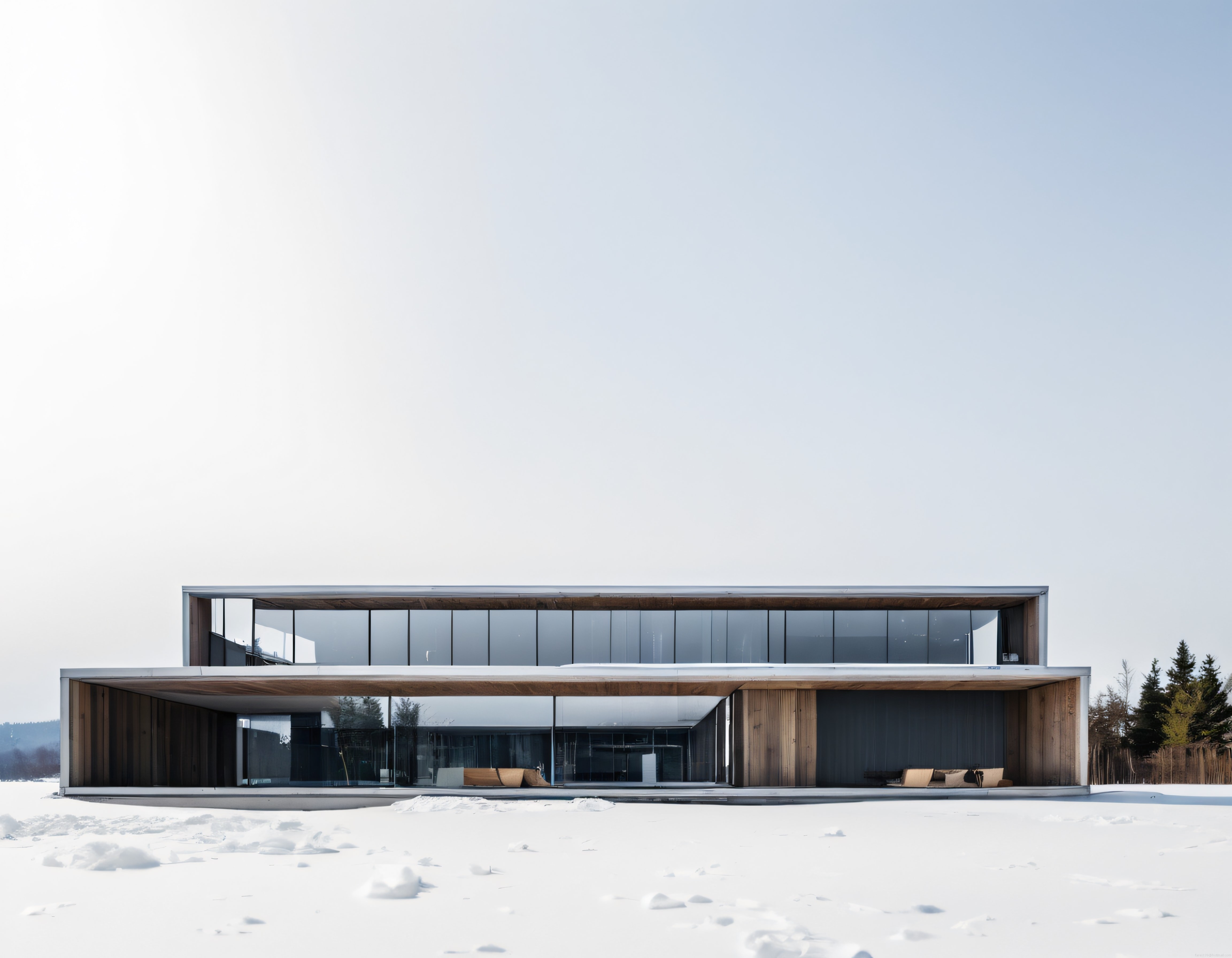 Karlı Arazide Panoramik Camlar ve Ahşapla Harmanlanmış Modern Villa Tasarımı