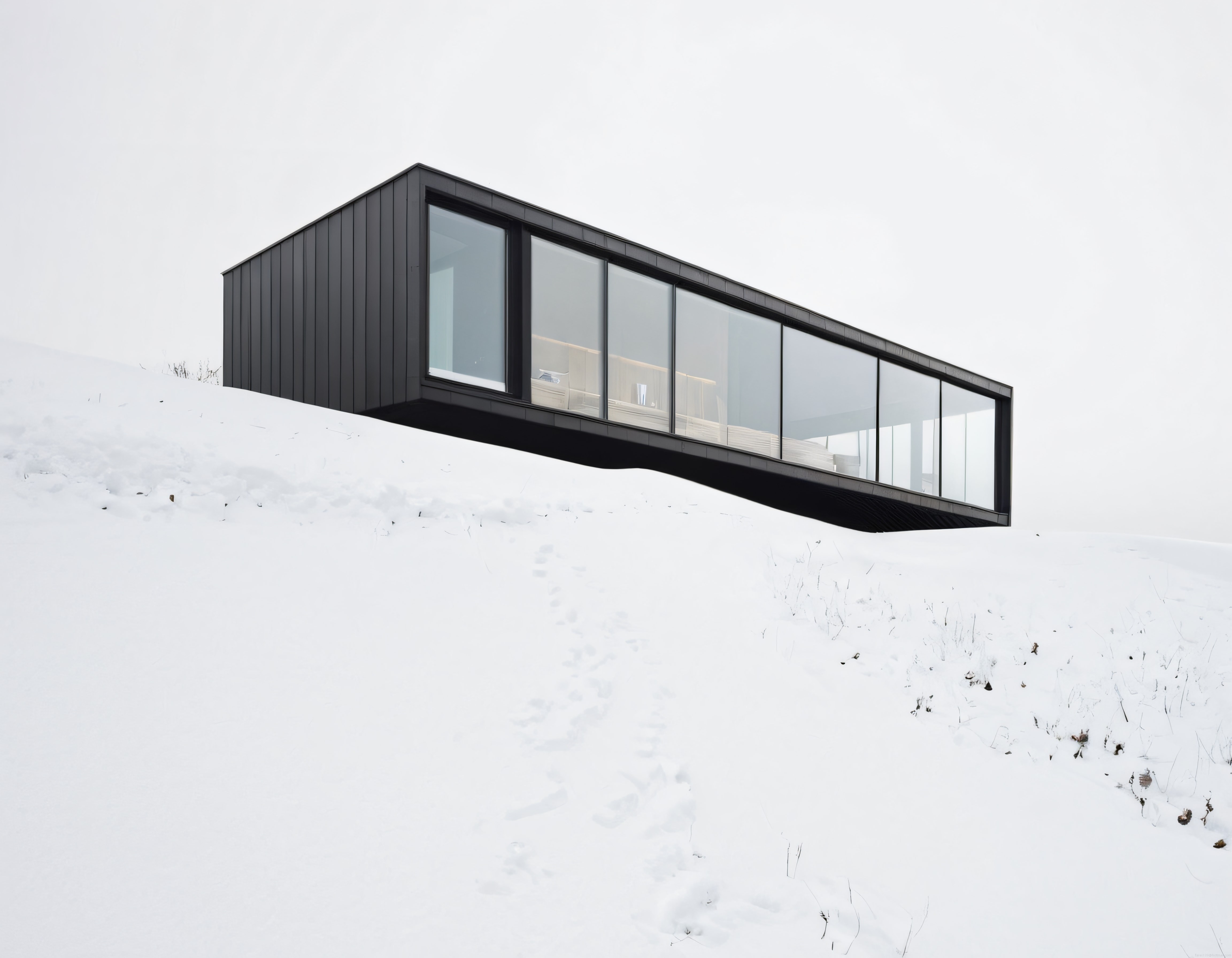 Karlı Arazide Panoramik Manzaralı Minimalist Siyah Modern Ev Tasarımı