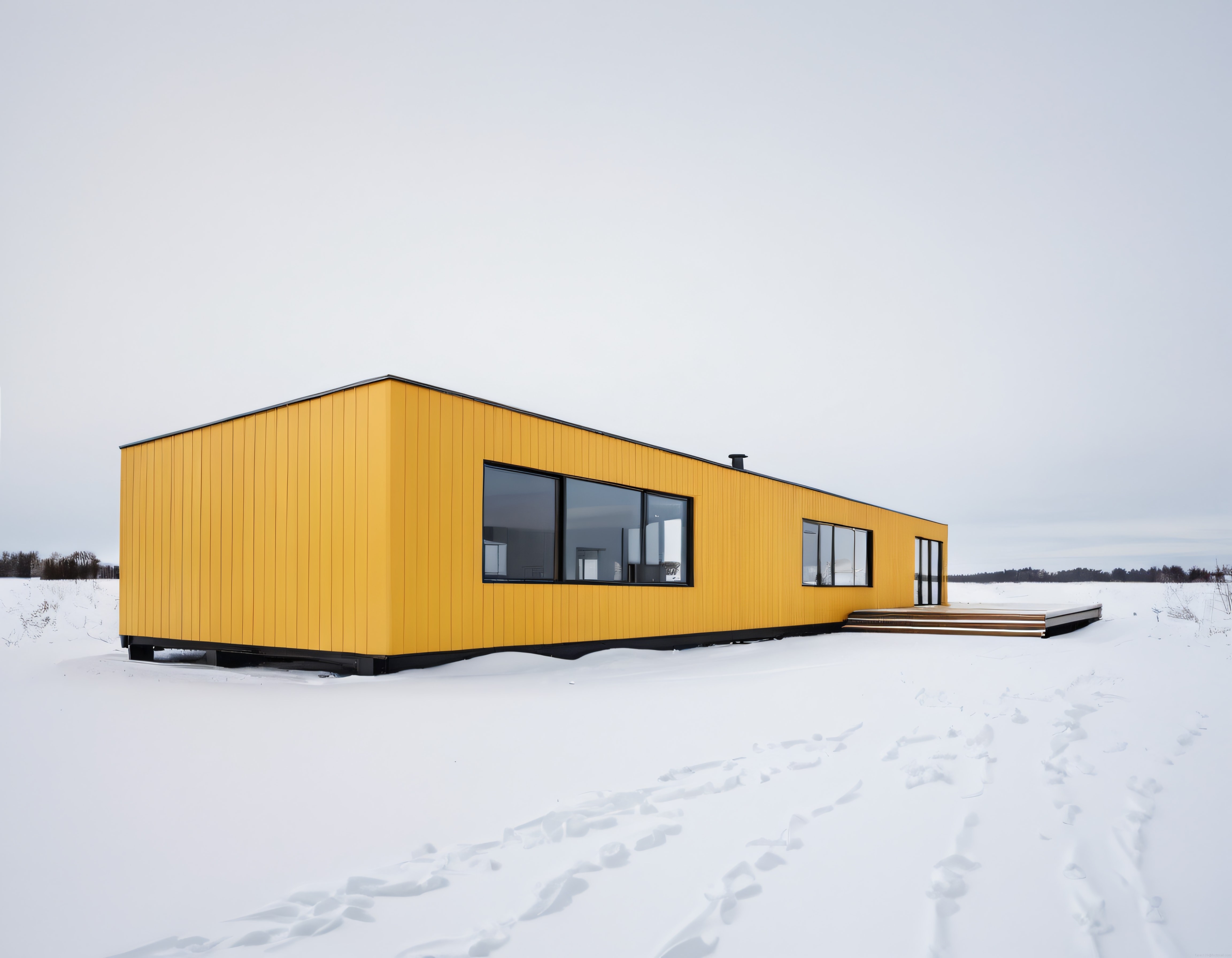 Karlı Arazide Sarı Cepheli Modern Minimalist Ev ve Kış Manzarası