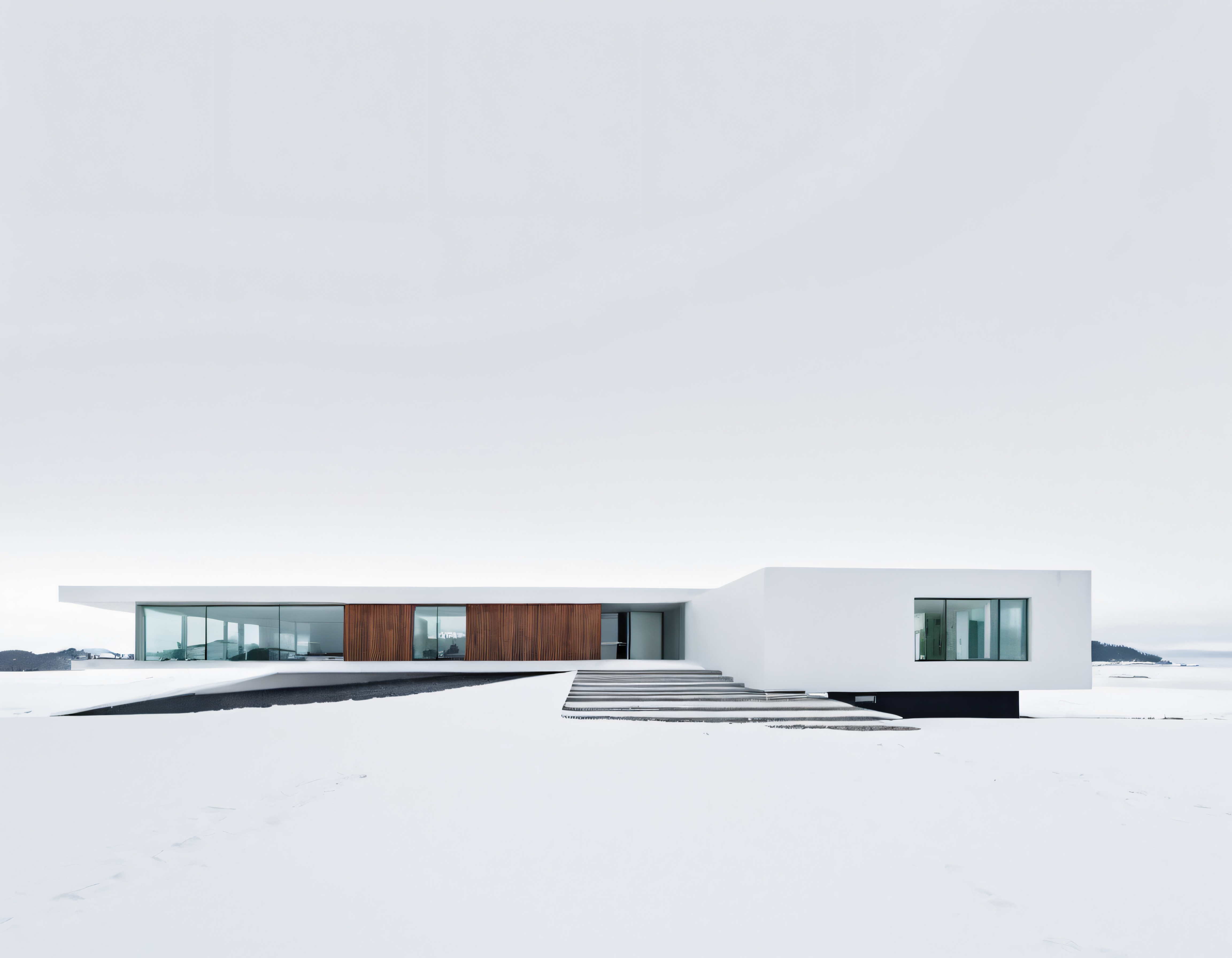 Karlı Arazide Sessizliğe Gömülmüş Beyaz Minimalist Mimari Ev