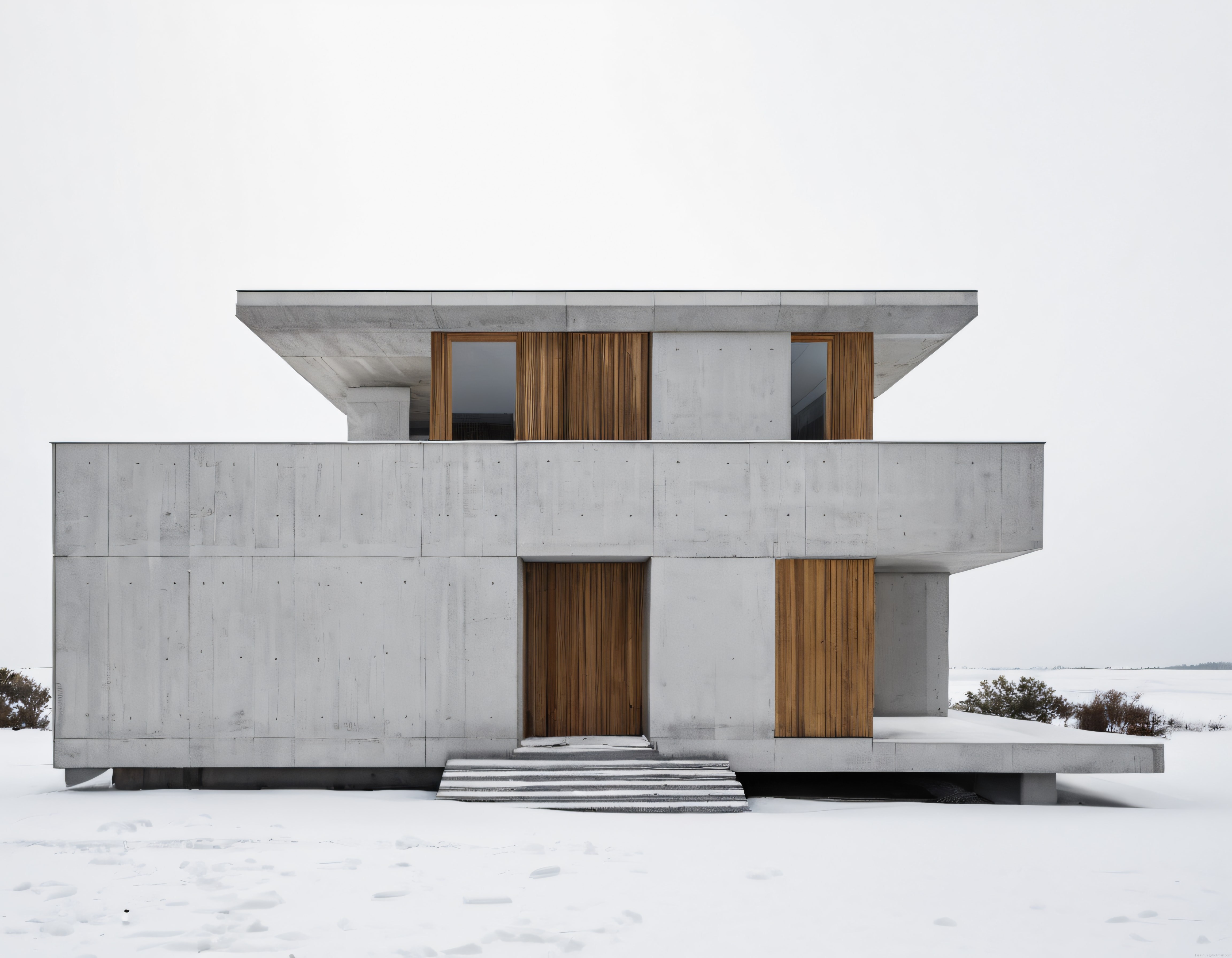 Karlı Arazide Sıcak Ahşap Detaylarla Birleşen Soğuk Beton Modern Villa