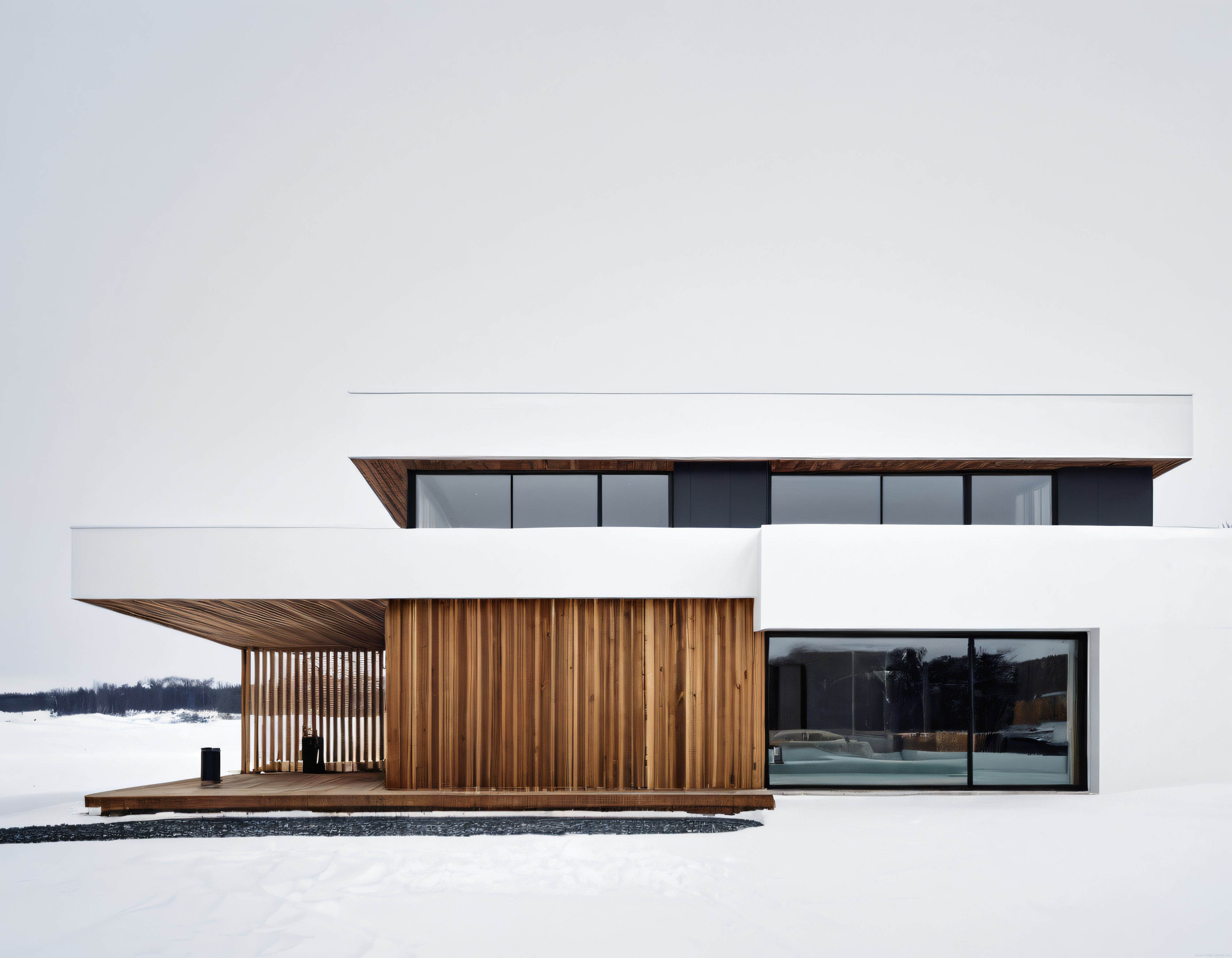 Karlı Arazide Sıcak Ahşap Detaylarla Modern Minimalist Villa