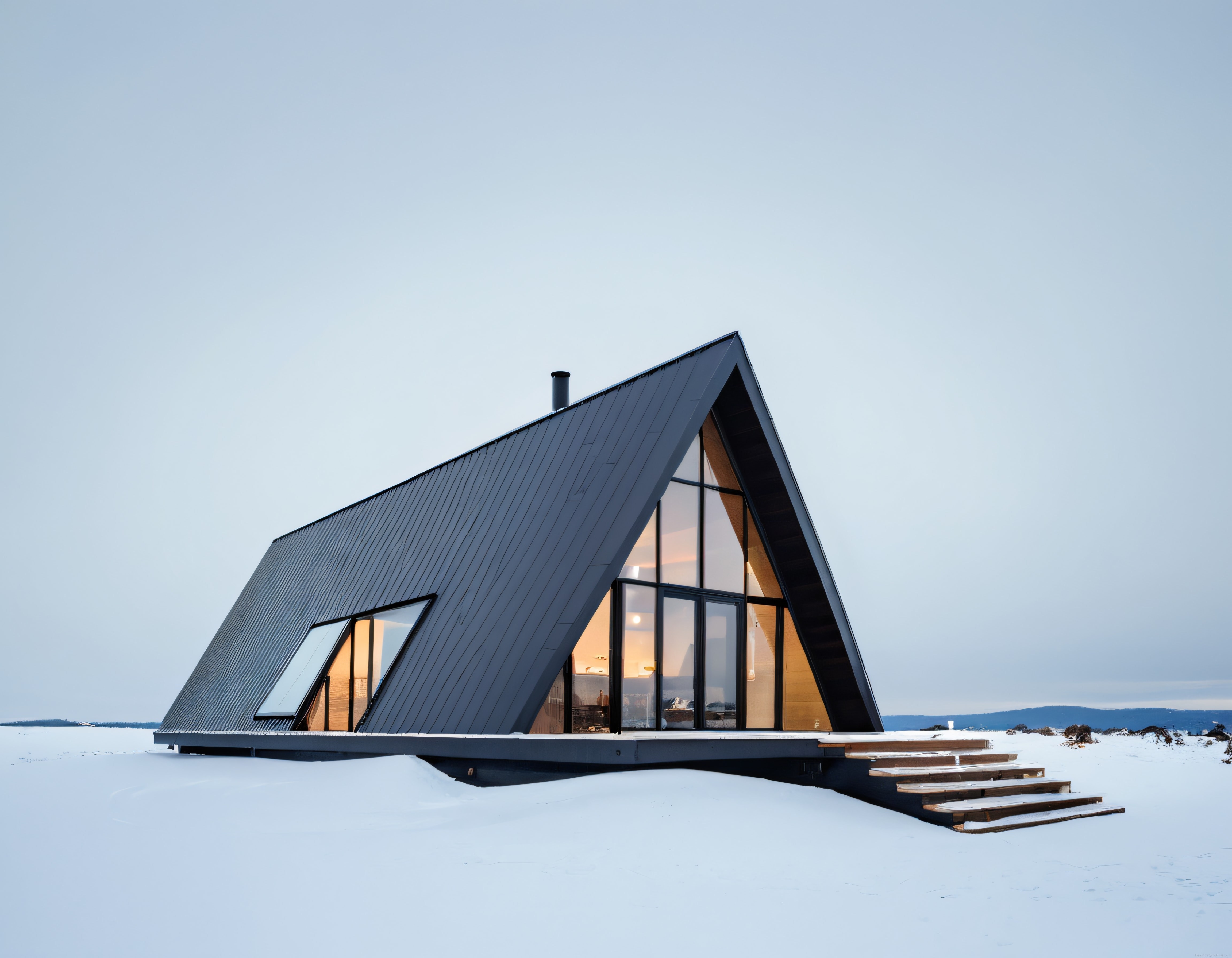 Karlı Arazide Siyah Cepheli Modern Üçgen Çatılı Minimalist Kulübe