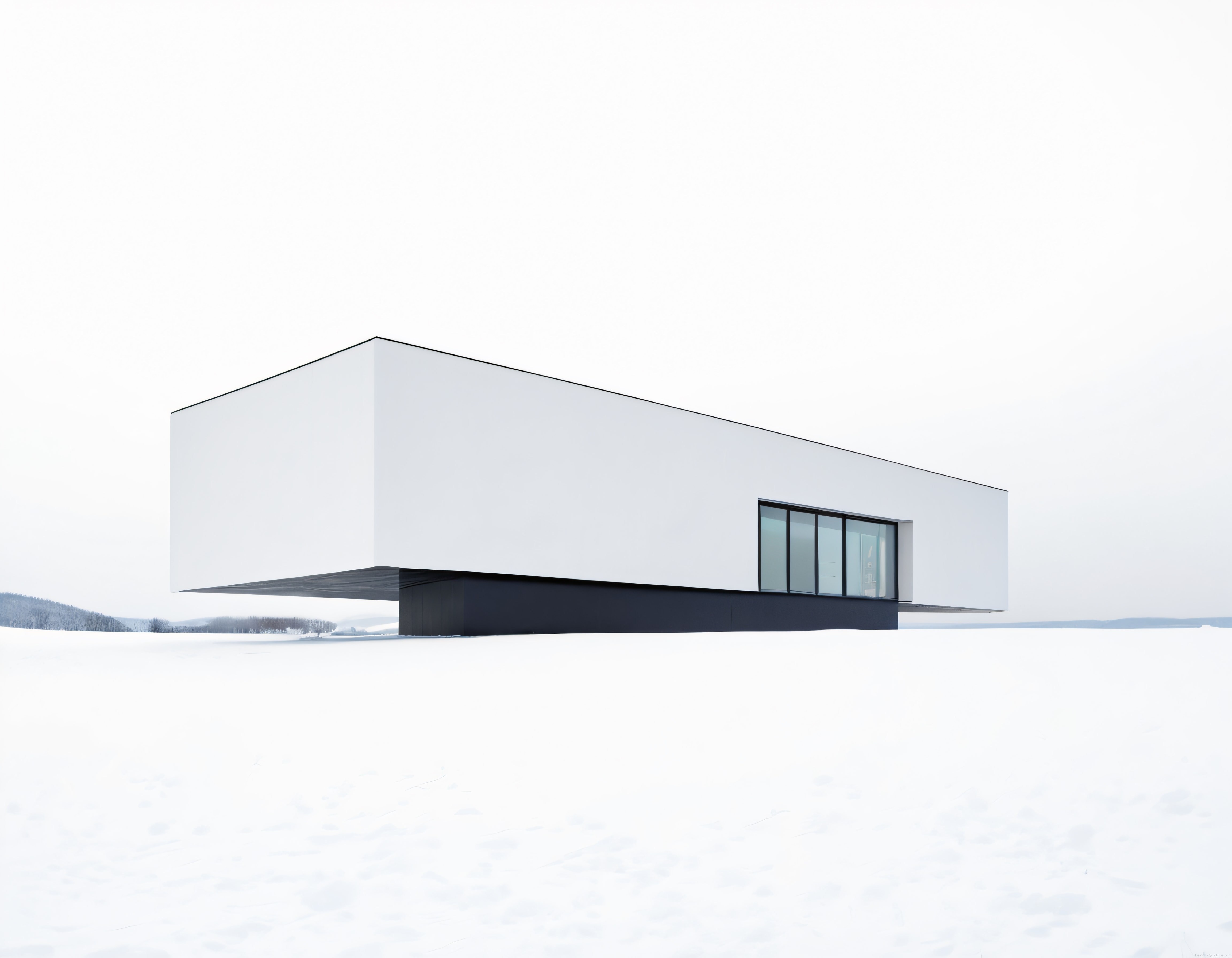 Karlı Arazide Siyah Zeminde Yükselen Beyaz Minimalist ve Modern Mimari