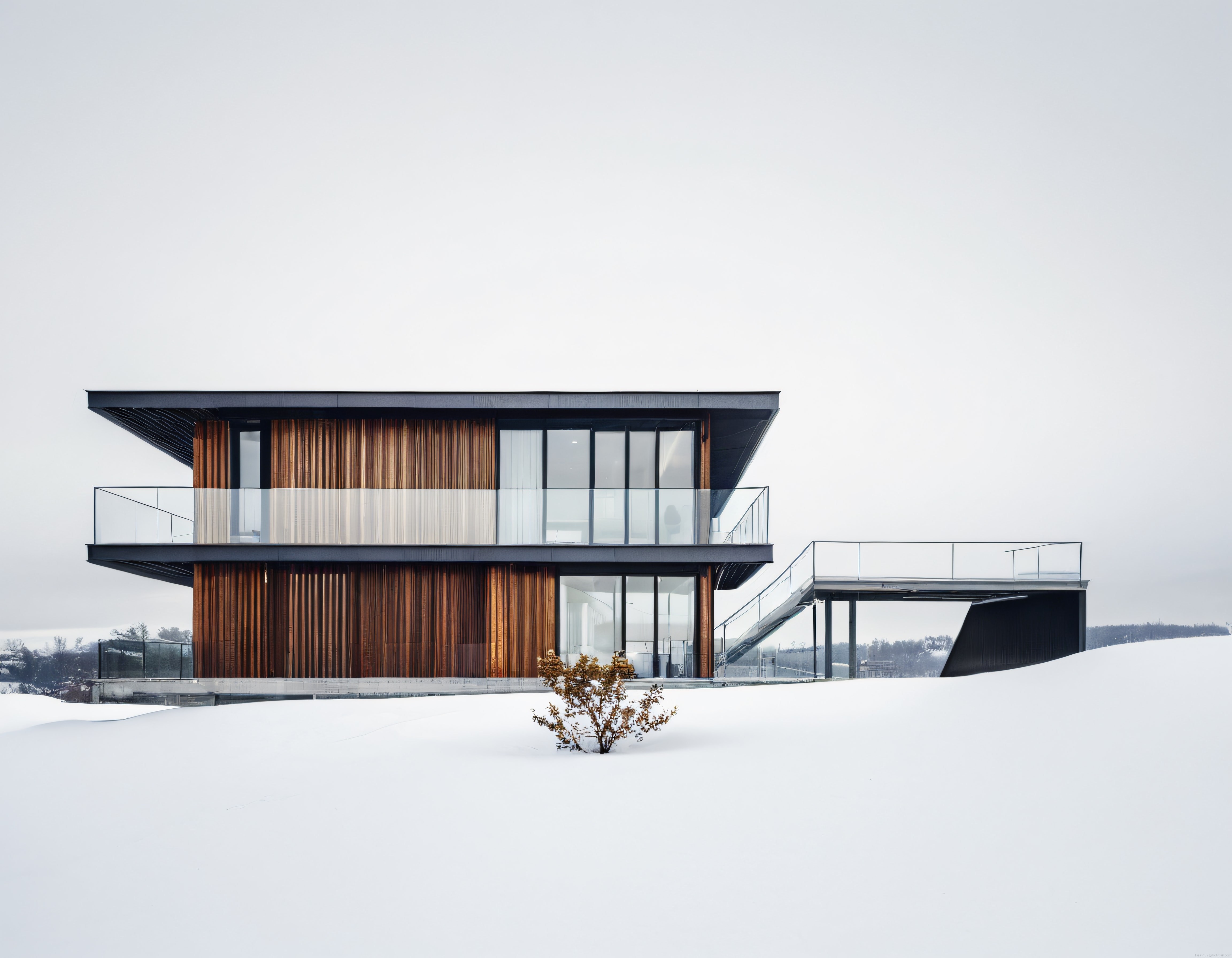 Karlı Arazide Teraslı Ahşap ve Cam Harmanlı Çağdaş Mimari Villa