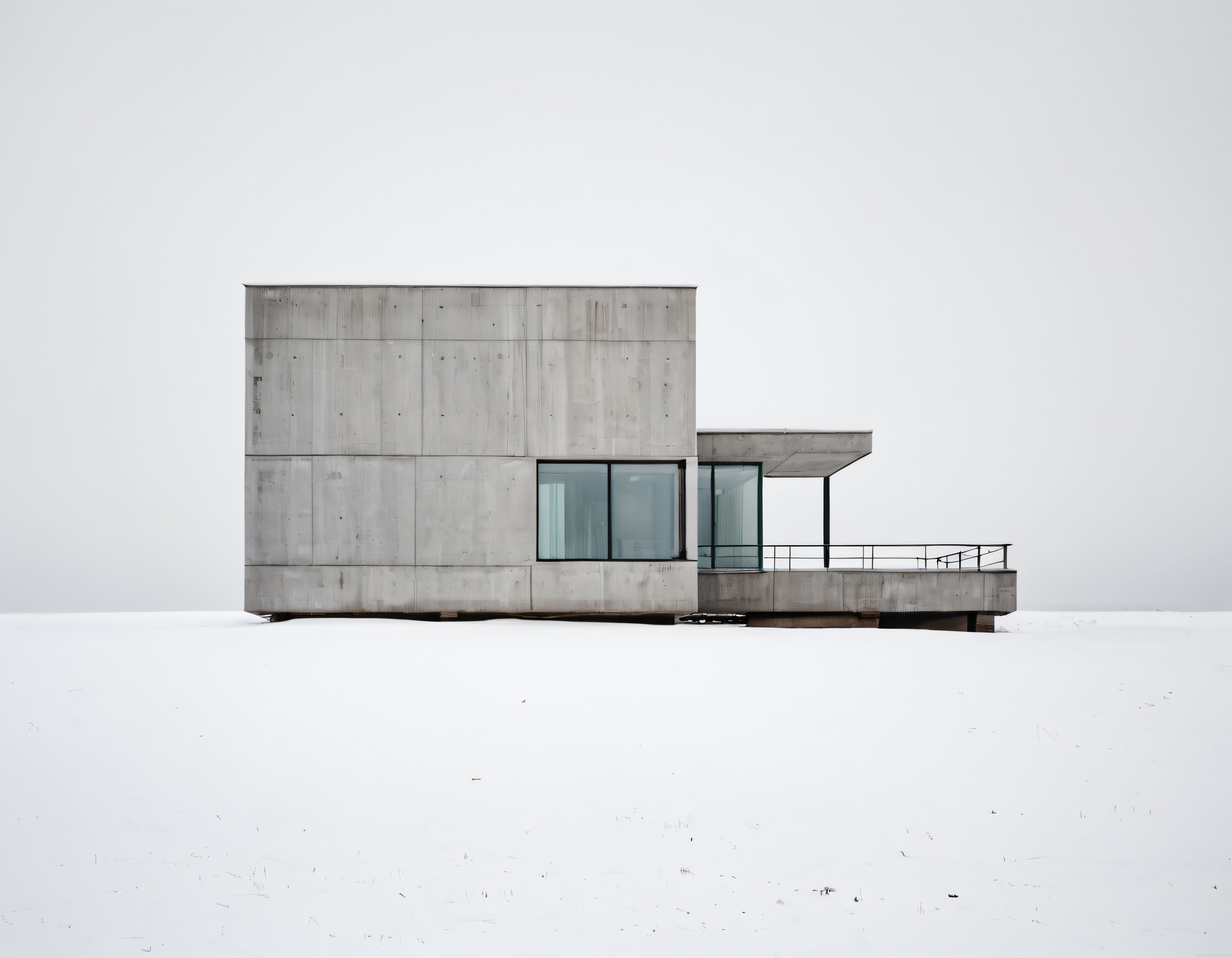 Karlı arazide yalnız duran brutalist beton yapı ve sisli gökyüzü manzarası