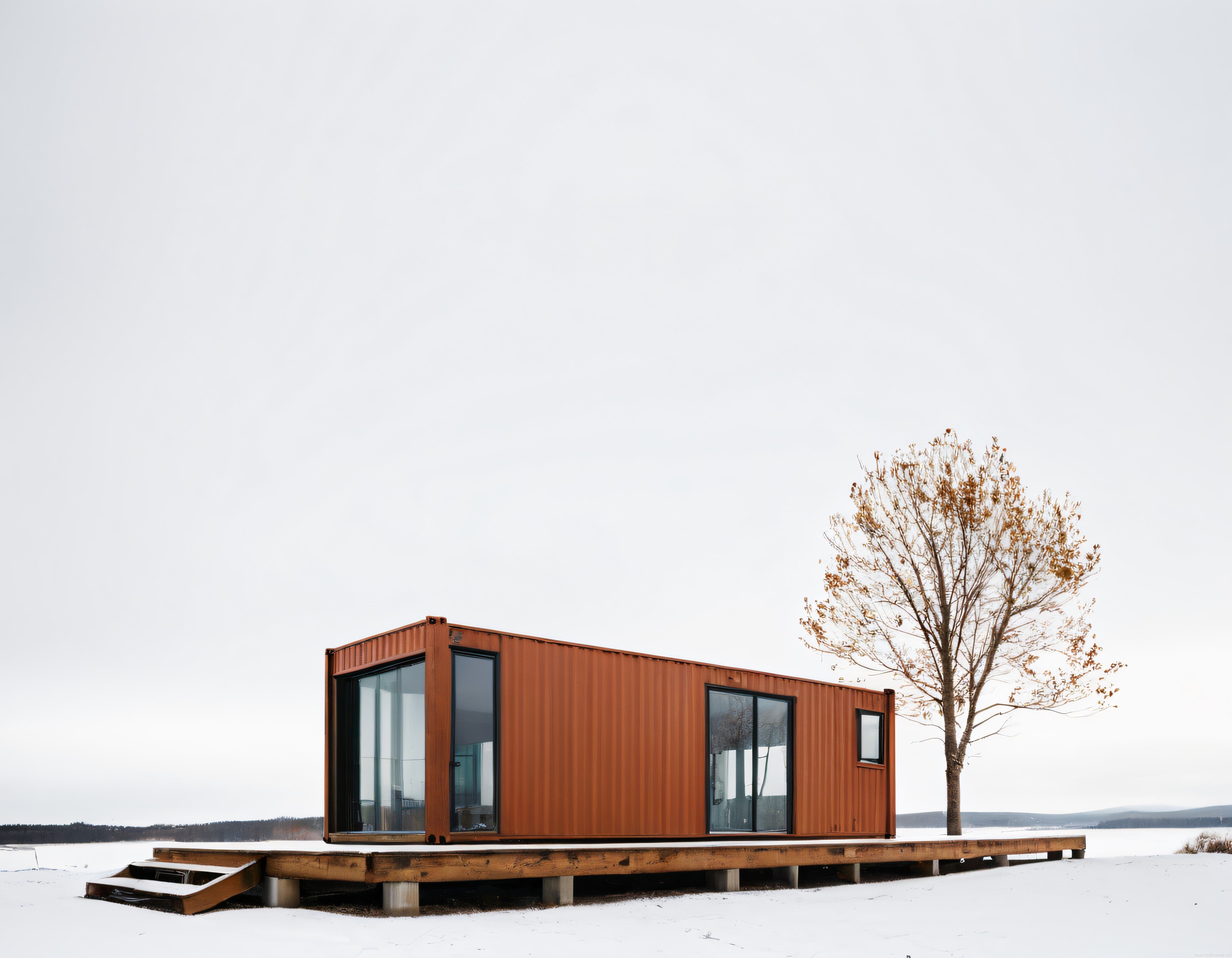 Karlı arazide yalnız duran modern konteyner evi ve minimalist kış tasarımı