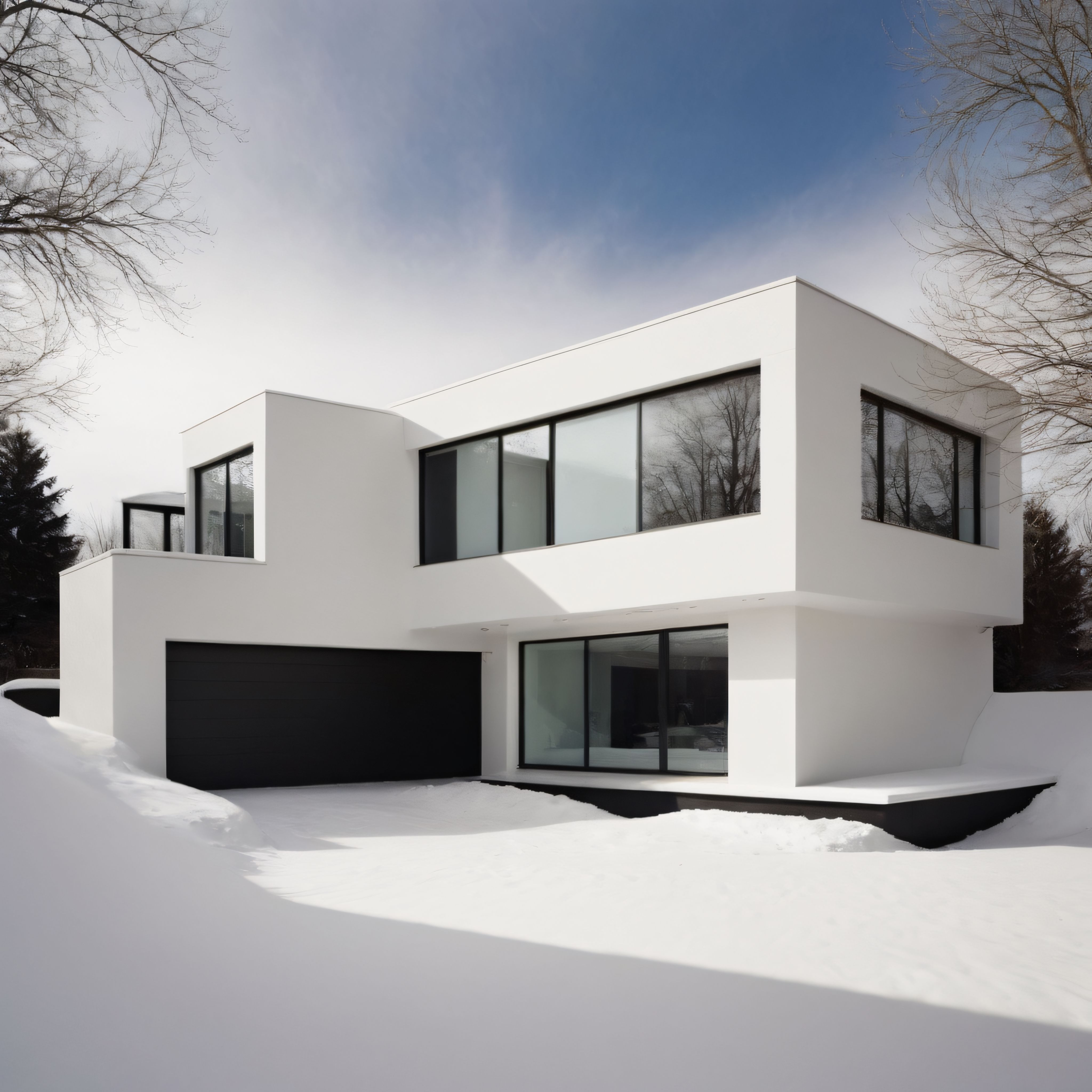 Karlı arazide yükselen beyaz mimari: minimalist ve modern konut detayı