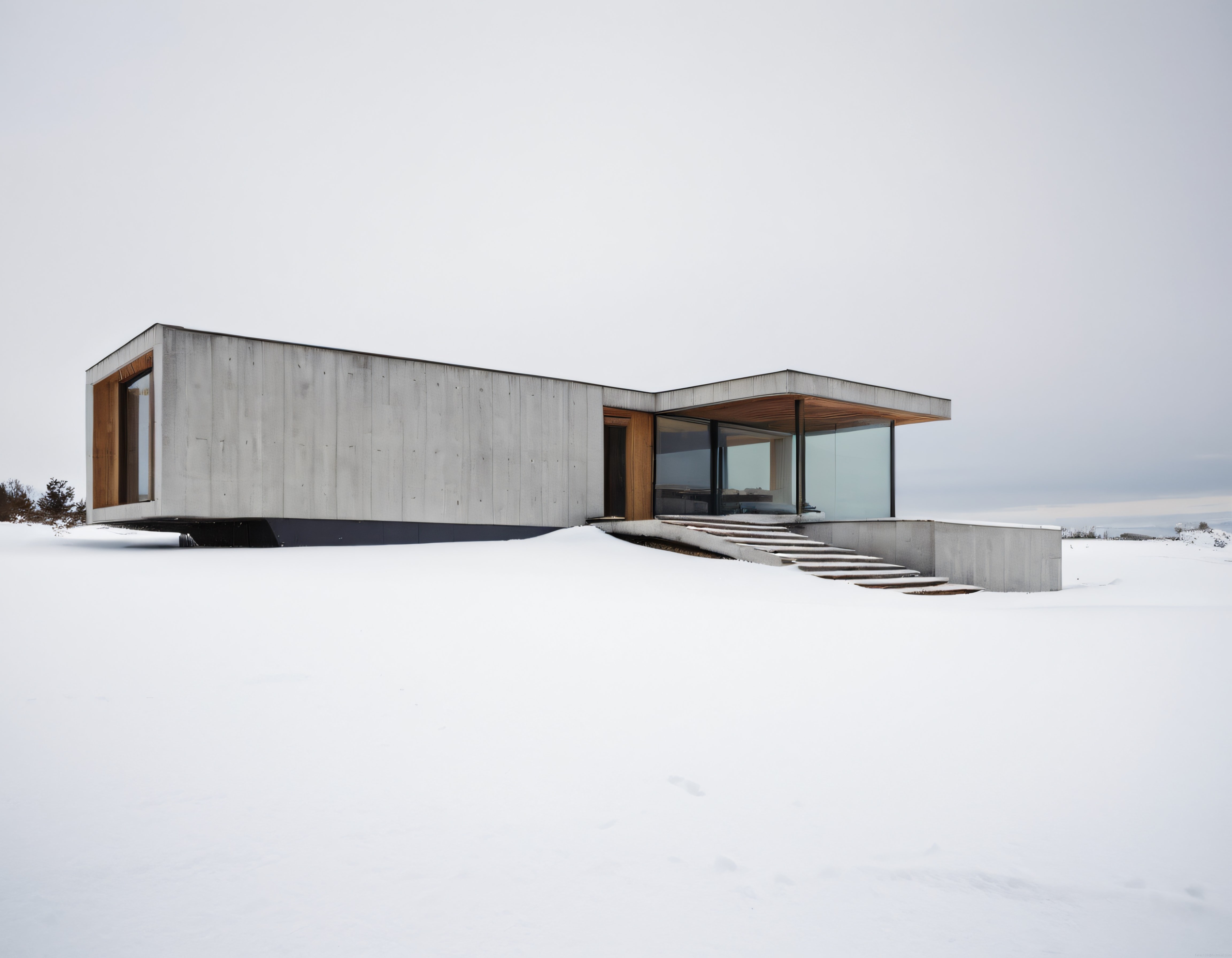 Karlı Arazide Yükselen Modern Minimalist Beton Villa ile Panoramik Cam Cephe