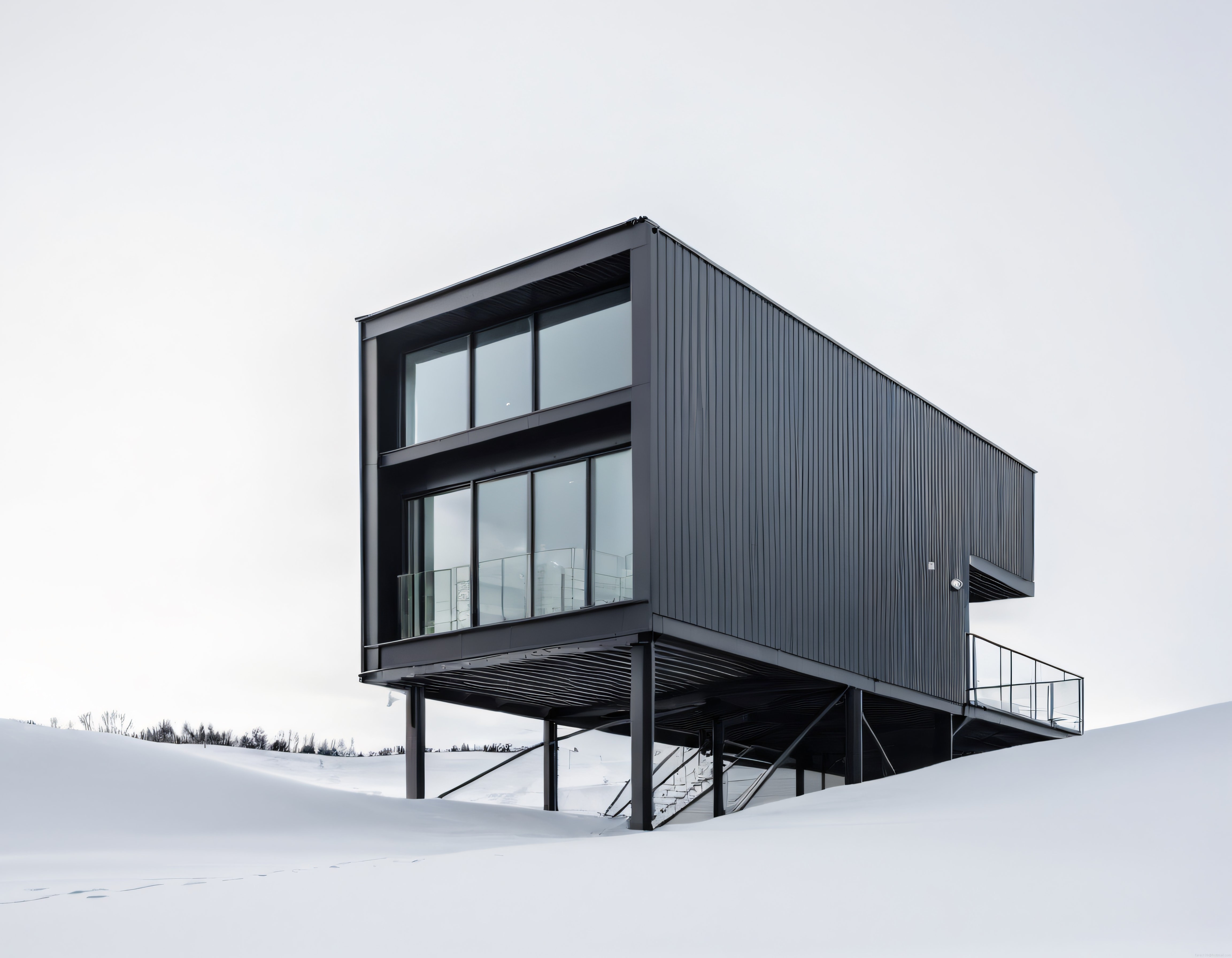 Karlı Arazide Yükselen Modern ve Minimalist Siyah Çelik Ev Tasarımı