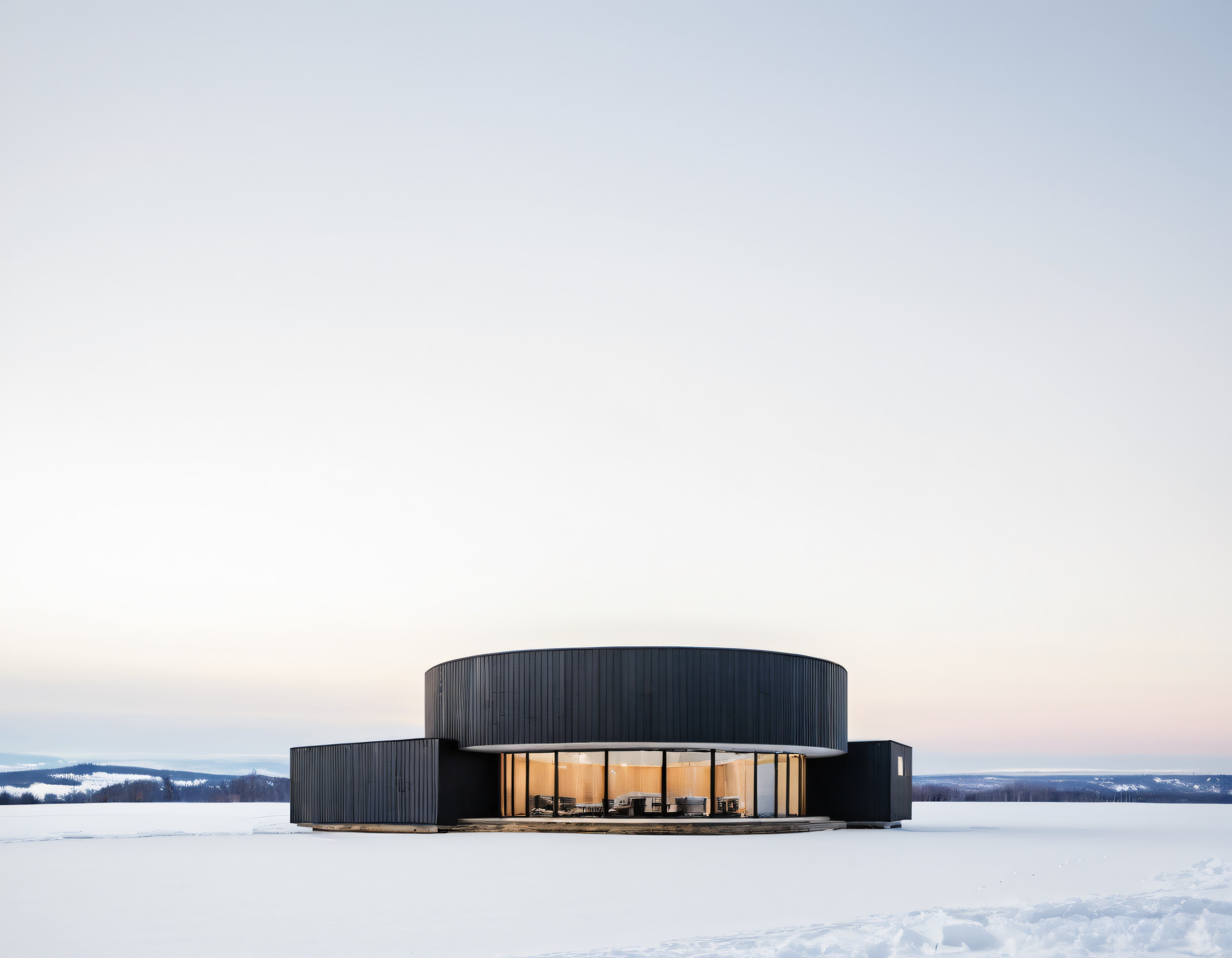 Karlı Arazide Yuvarlak Çatılı Modern Minimalist Cam Ev ve Dağ Manzarası