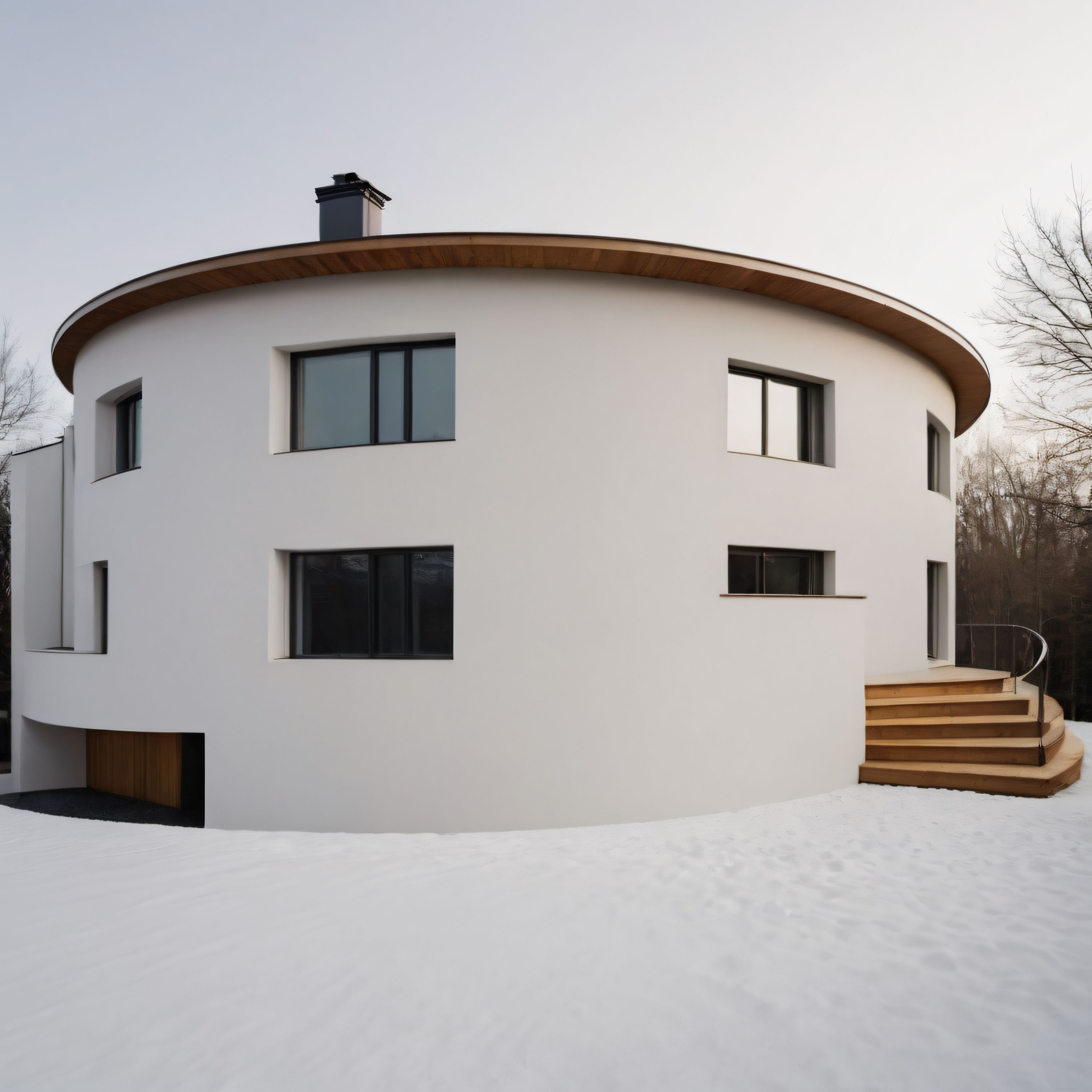 Karlı Arazide Yuvarlak Formlu Ahşap Detaylı Minimalist Modern Yapı