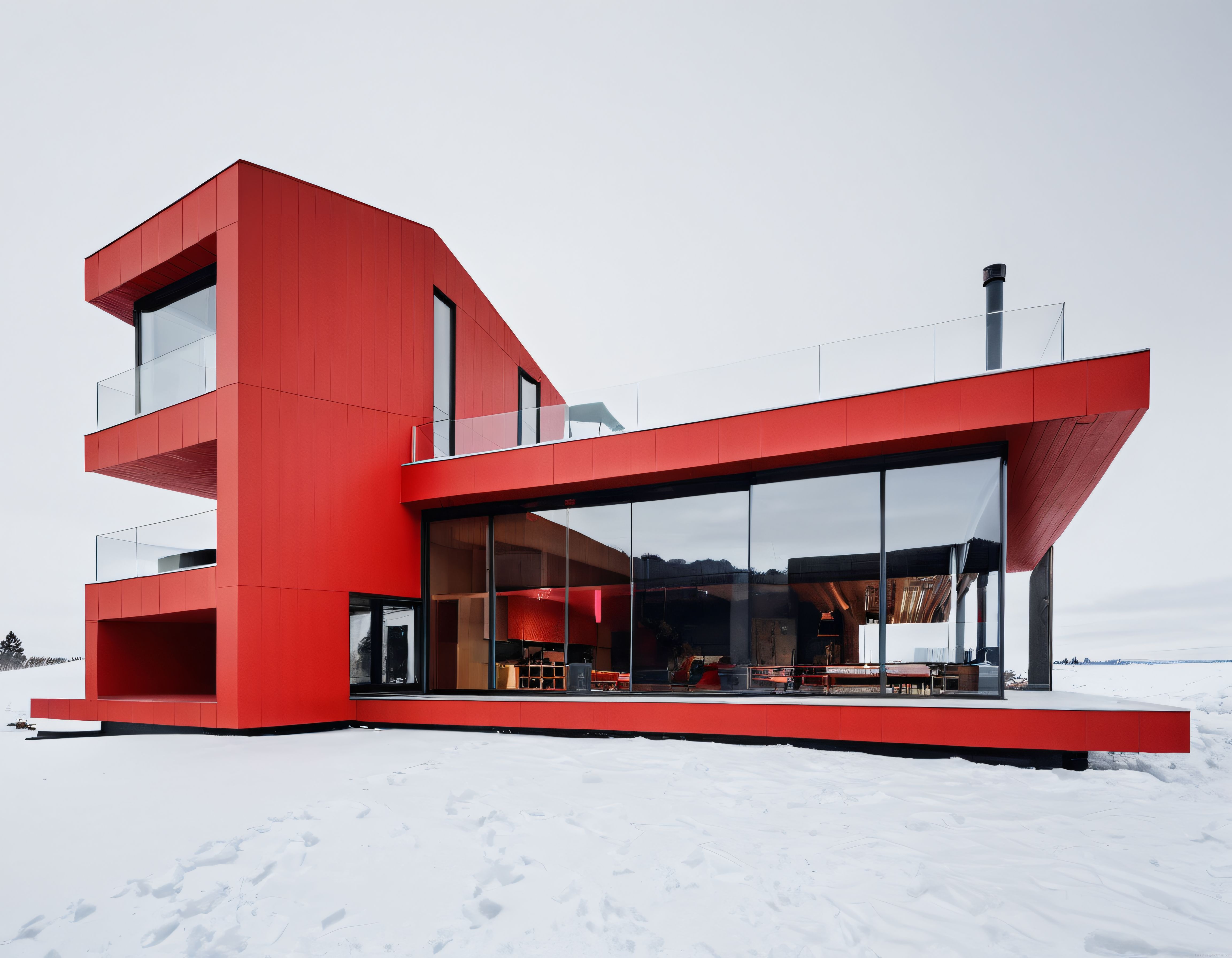 Karlı Arazideki Cesur Kırmızı Modern Mimari ve Minimalist Geometrik Tasarımı