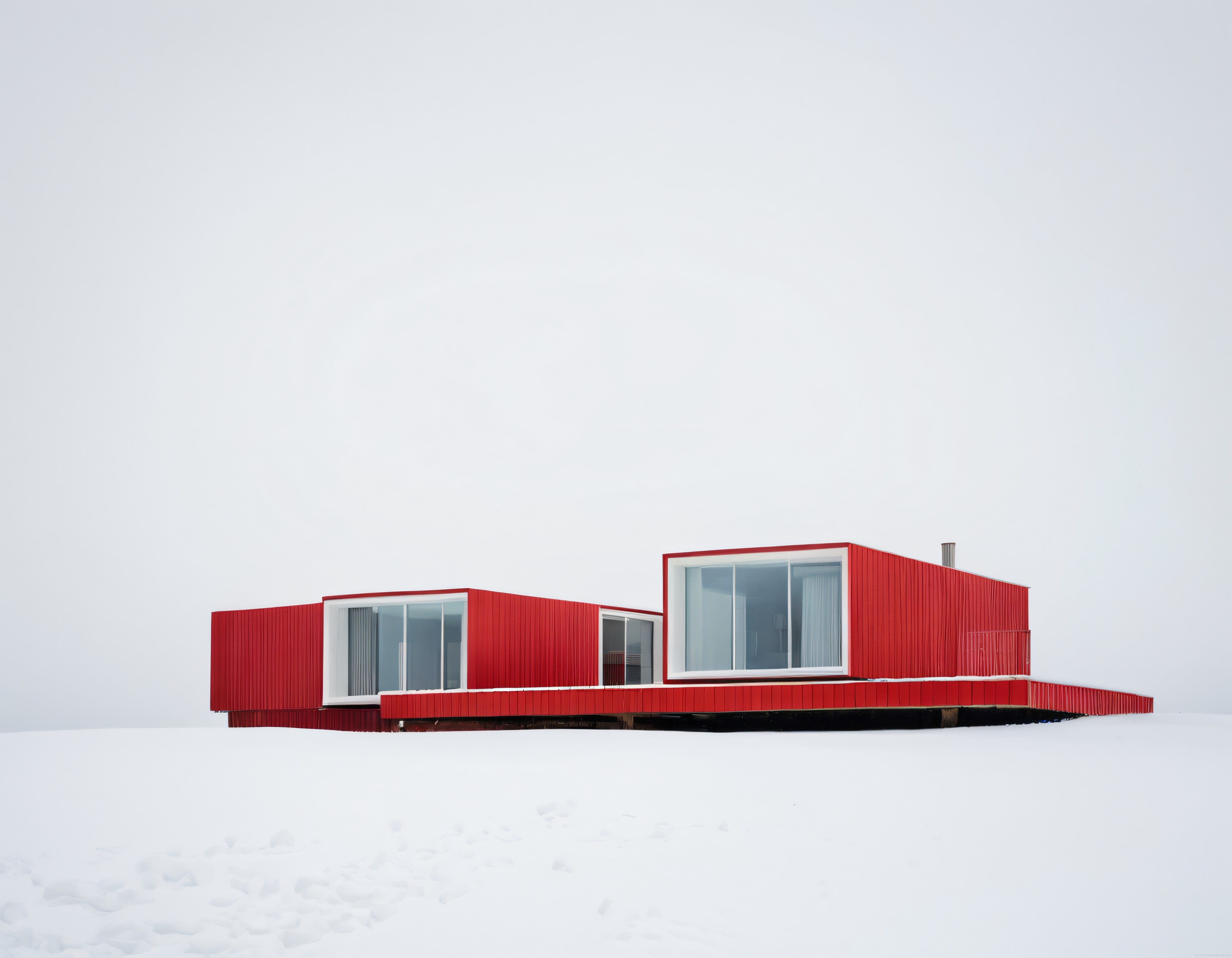 Karlı Arazideki Kırmızı Modern Mimari Ev ve Minimalist Dış Tasarımı
