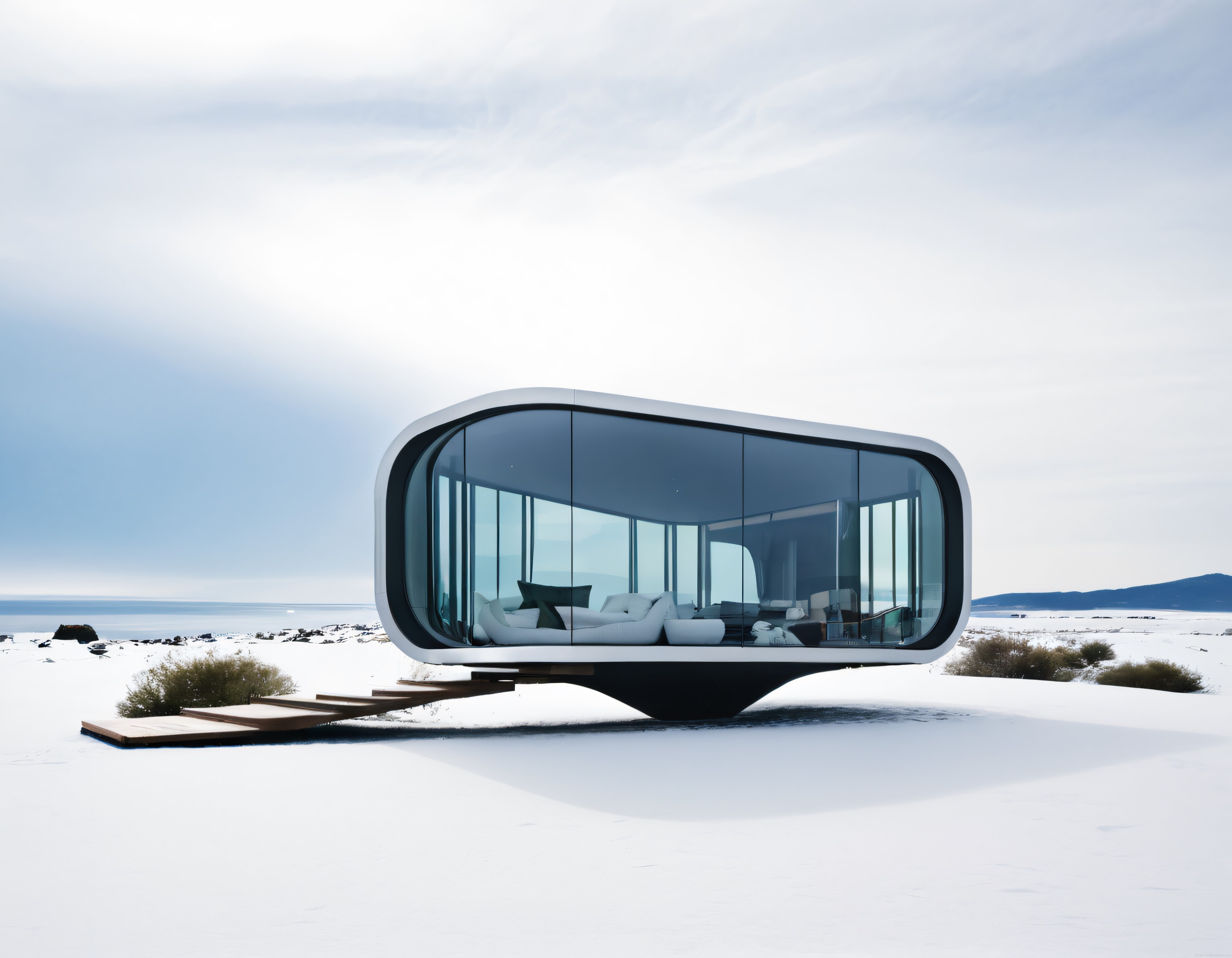 Karlı Arid Kıyıda Asılı Minimalist Cam Ev ve Ferah İç Mekan Tasarımı