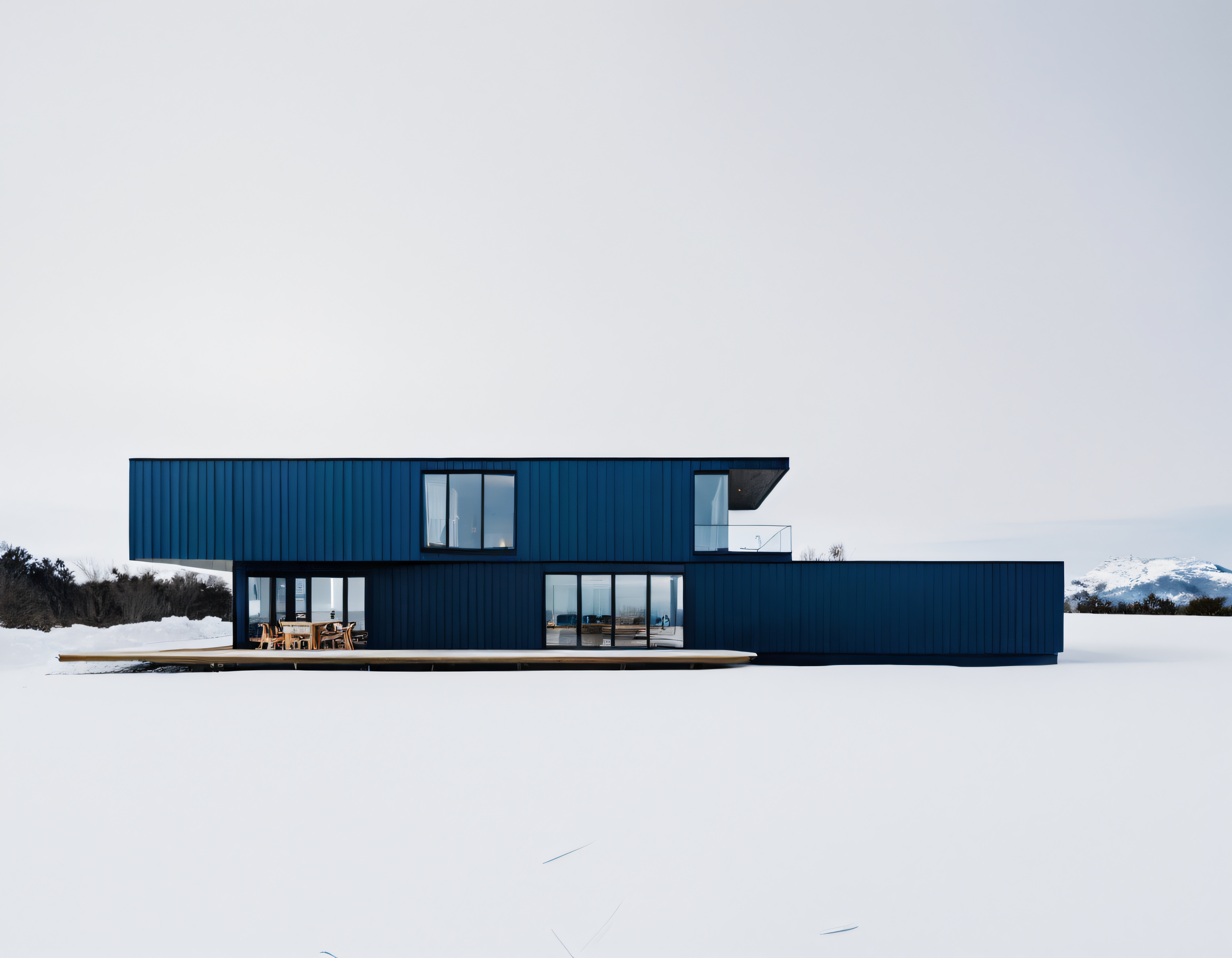 Karlı Arid Topraklarda Yükselen Modern Minimalist Lacivert Ev Cephesi