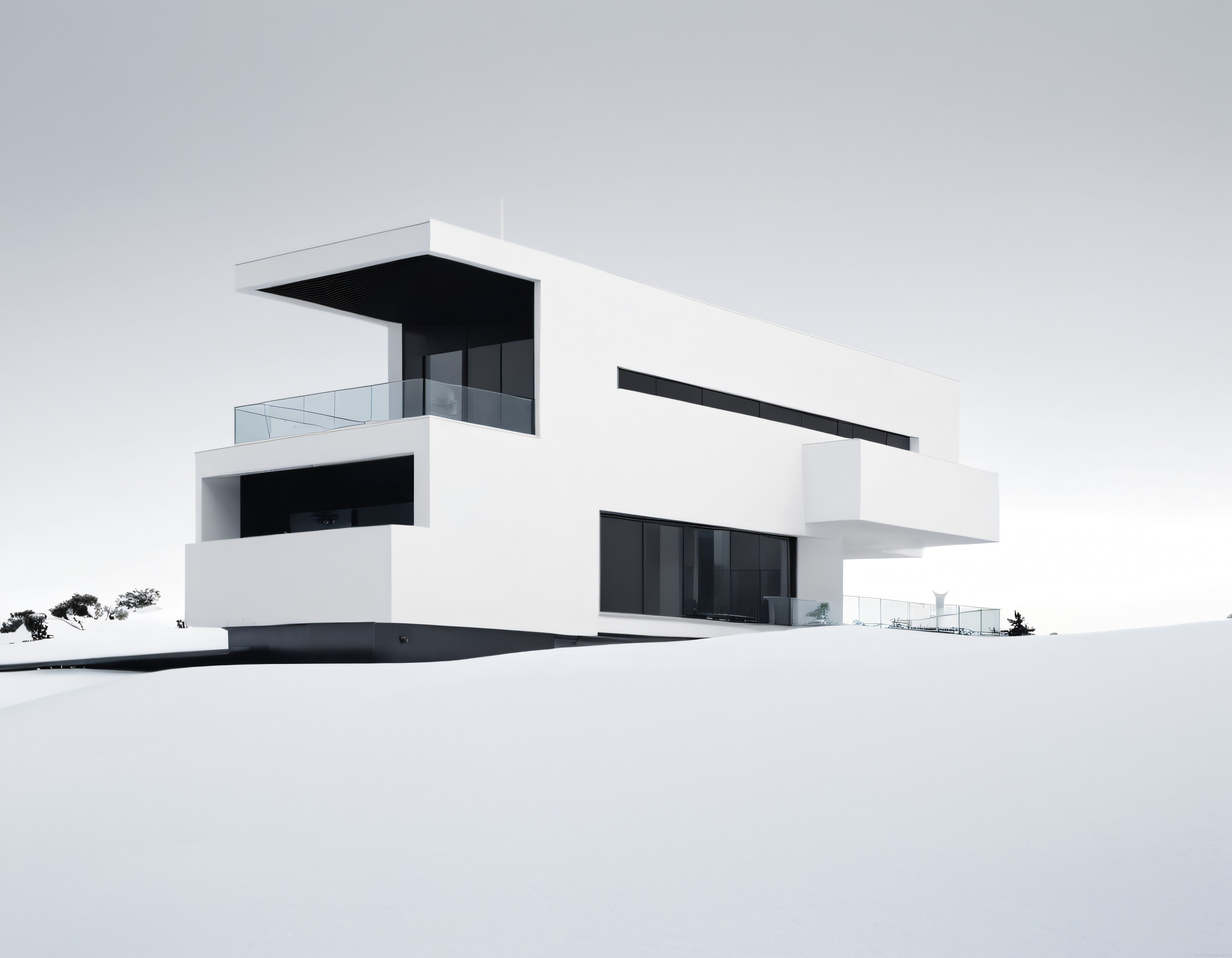 Karlı Aridada Asılı Gibi Duran Beyaz Minimalist Çağdaş Villa Tasarımı
