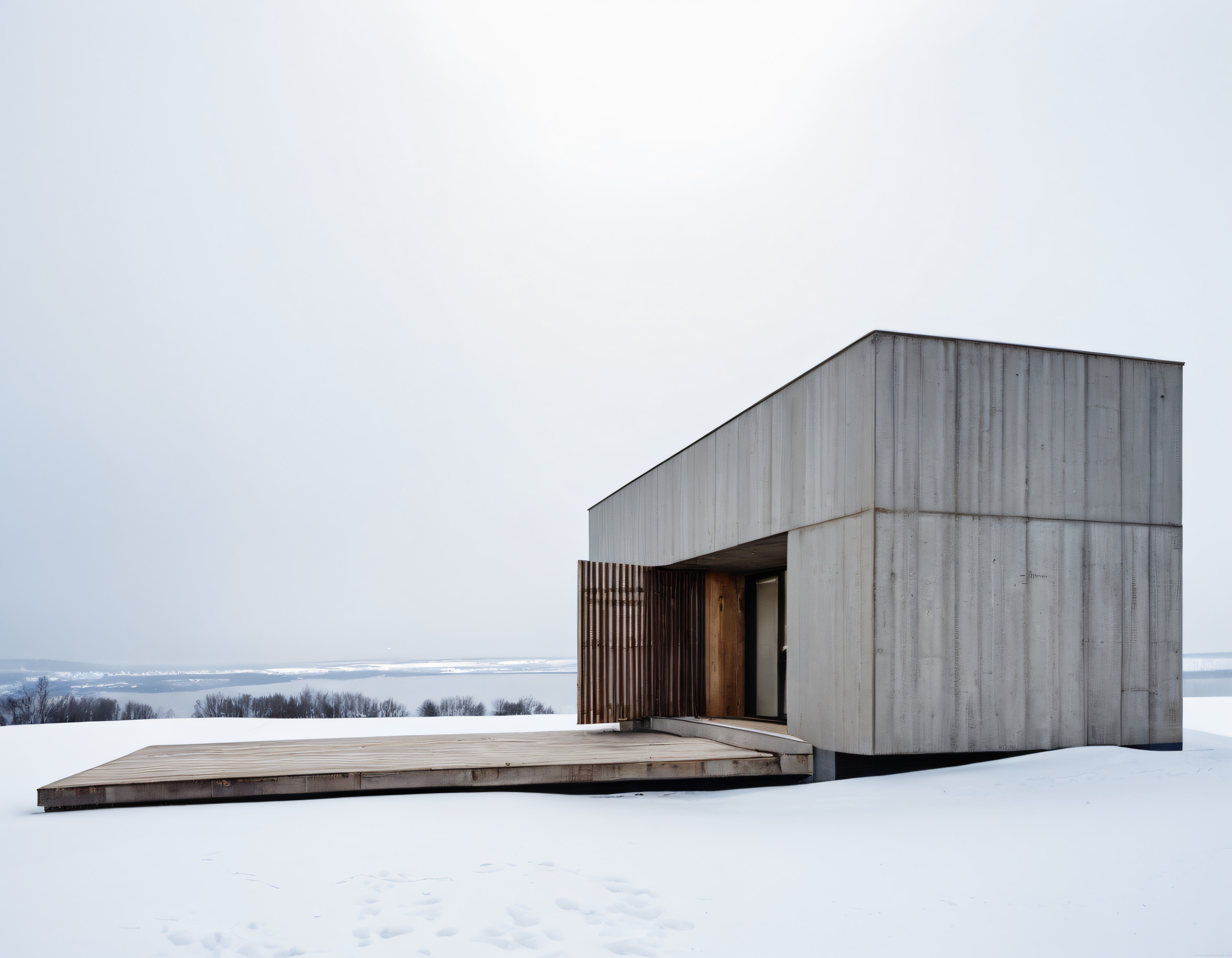Karlı Aridada Tek Başına Duran Minimalist Beton Villa ve Sonsuz Beyazlık