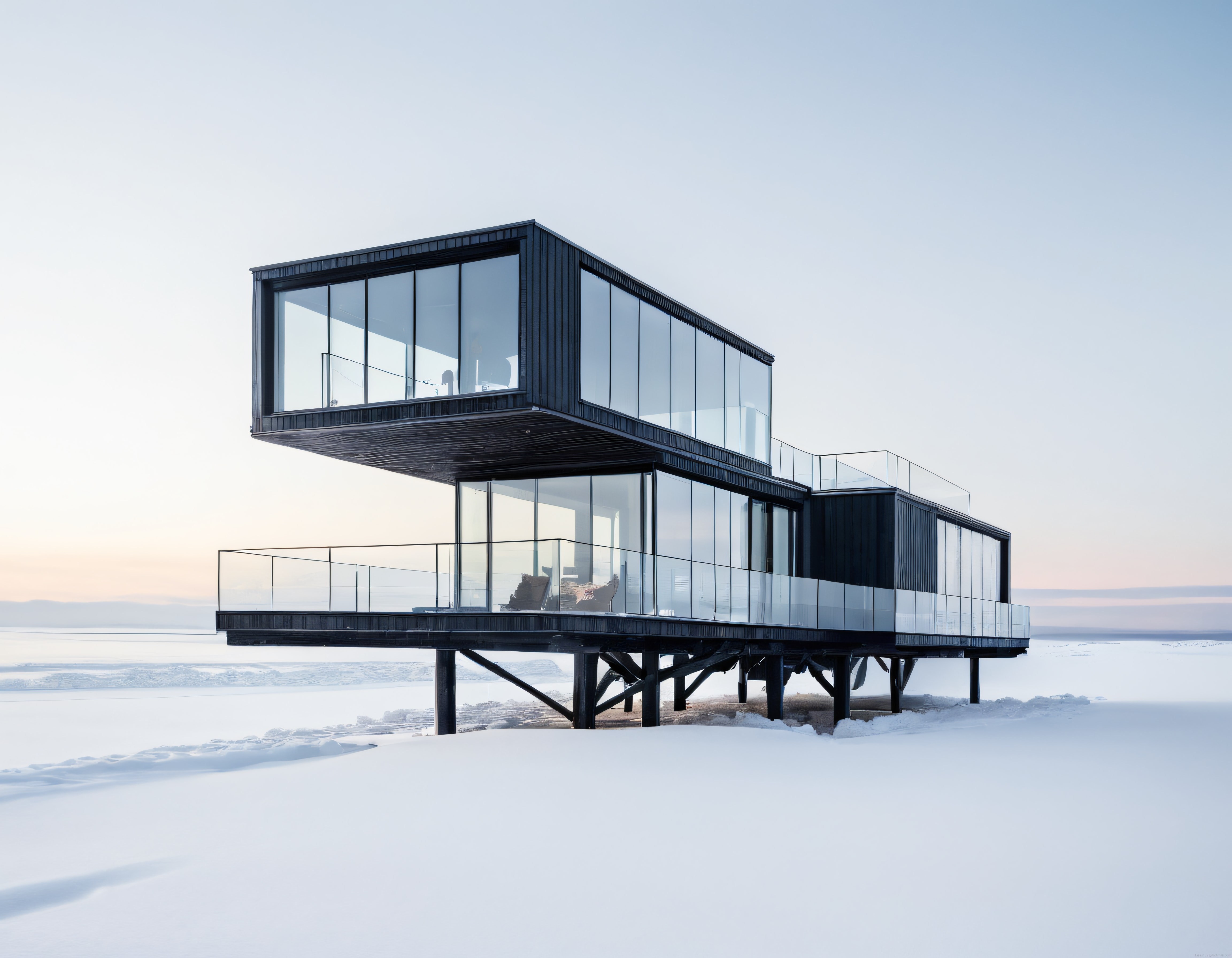 Karlı Arzide Sütunlar Üzerinde Yükselen Modern Cam Cepheli Lüks Villa